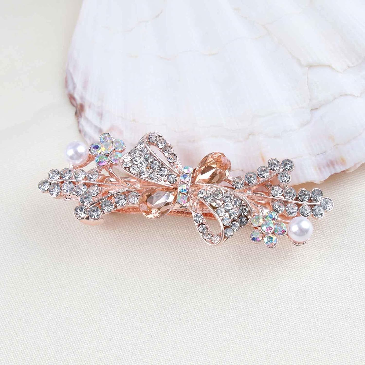 Yheakne Pearl Crystal Wedding Hair Clip Barrette Gold Rhinestone Hair Barrette Bling Bridal Headpieces Decorative Head Clip Headwear Comb Bride Hair Accessories for Women and Girls Gifts(Champagne 2) image number 6