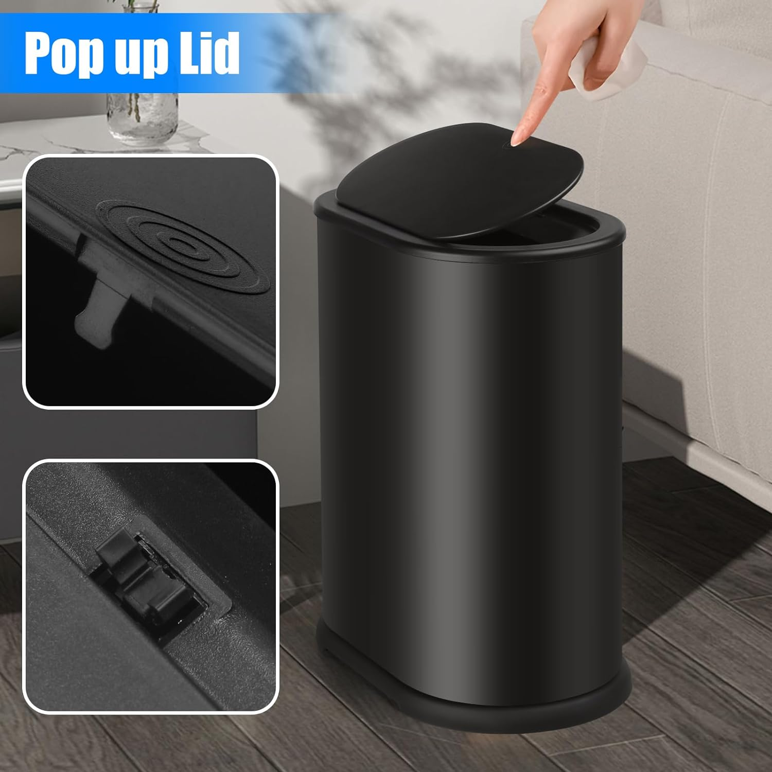 Anzoymx Stainless Steel Bathroom Trash Cans 1.8 Gallons Small Garbage Can with Pop up Lid, Metal Narrow Wastebasket, Slim Waterproof Litter Trash Bins Set for Bedroom, Toilet, Office (Black) image number 6