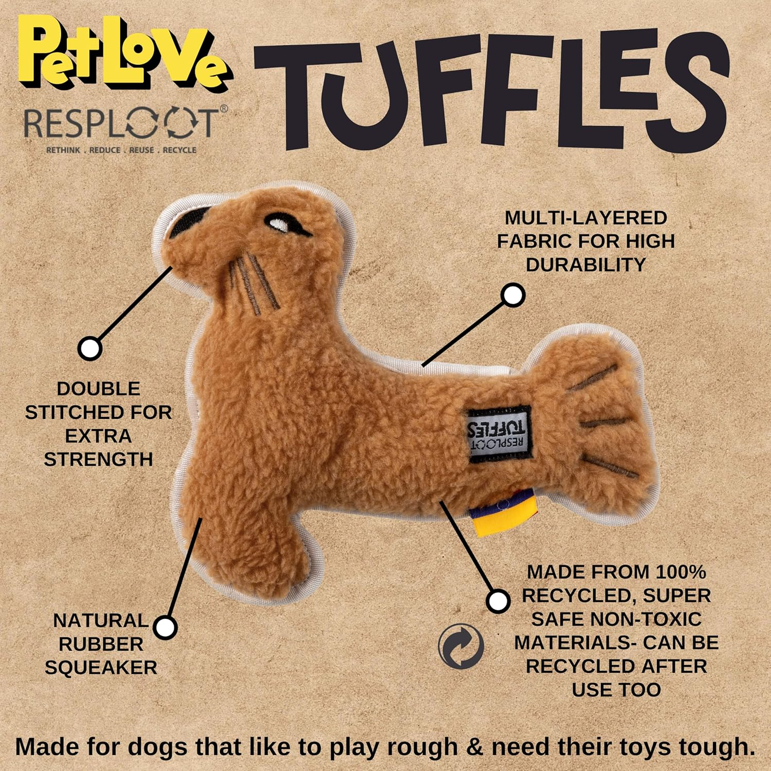 Petlove Resploot Tuffles Sea Lion, Tough Strong Dog and Puppy Toy with Squeaker, 100 Percent Recycled Materials image number 6