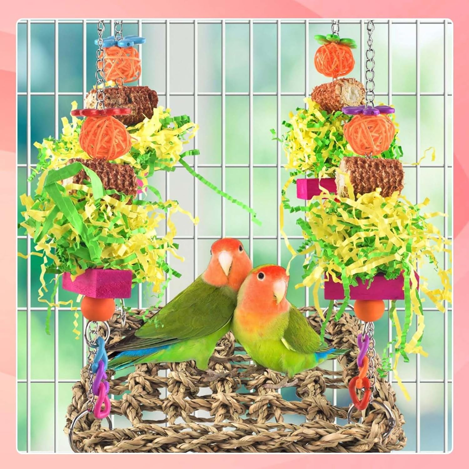 SUSOO Hanging Bird Swing Bed with Colorful Foraging Chew Birds Toys, Seagrass Woven Climbing Hammock, Wooden Stand Perch Bird Cage Accessories for Parrots, Parakeets, Budgies, Conures, Cockatiel