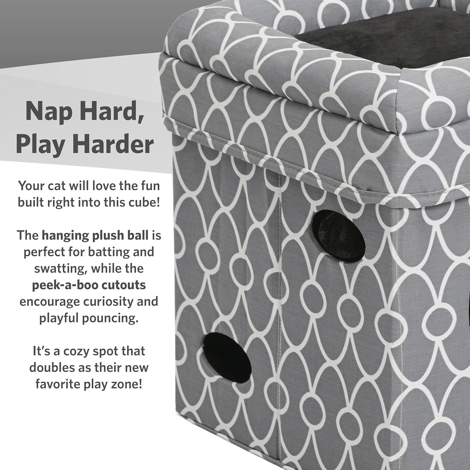 Cat Cube Cozy Cat House/Cat Condo in Fashionable Gray Geo Print 15.5L X 15.5W X 16.5H Inches image number 4