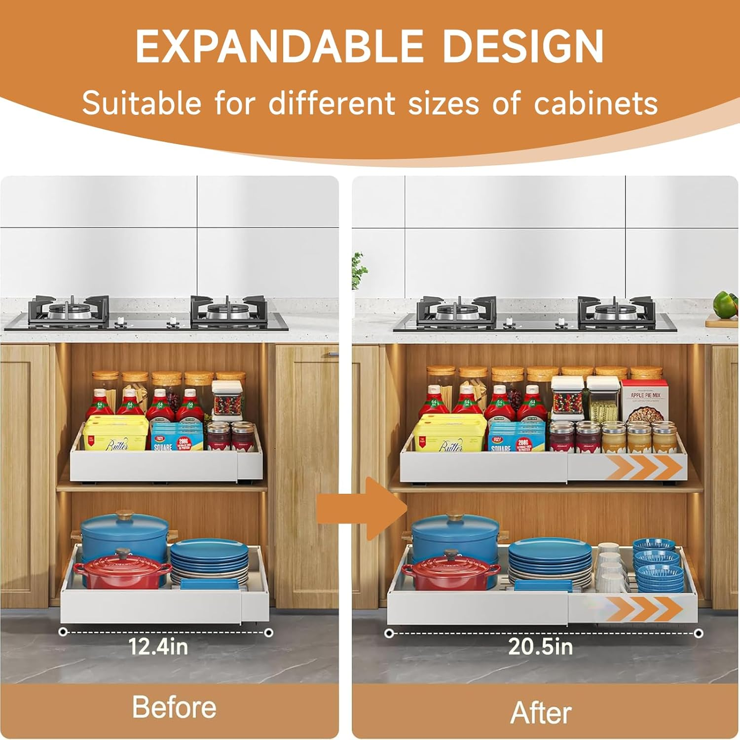 2 Pack Pull Out Drawers for Cabinets,Expandable(31 to 52Cm W) Pull Out Cabinet Organizer with Adhesive Film,Pull-Out Shelf for Kitchen Cabinet,Pantry, Bathroom Storage-42Cm Deep - White-1Pc image number 6