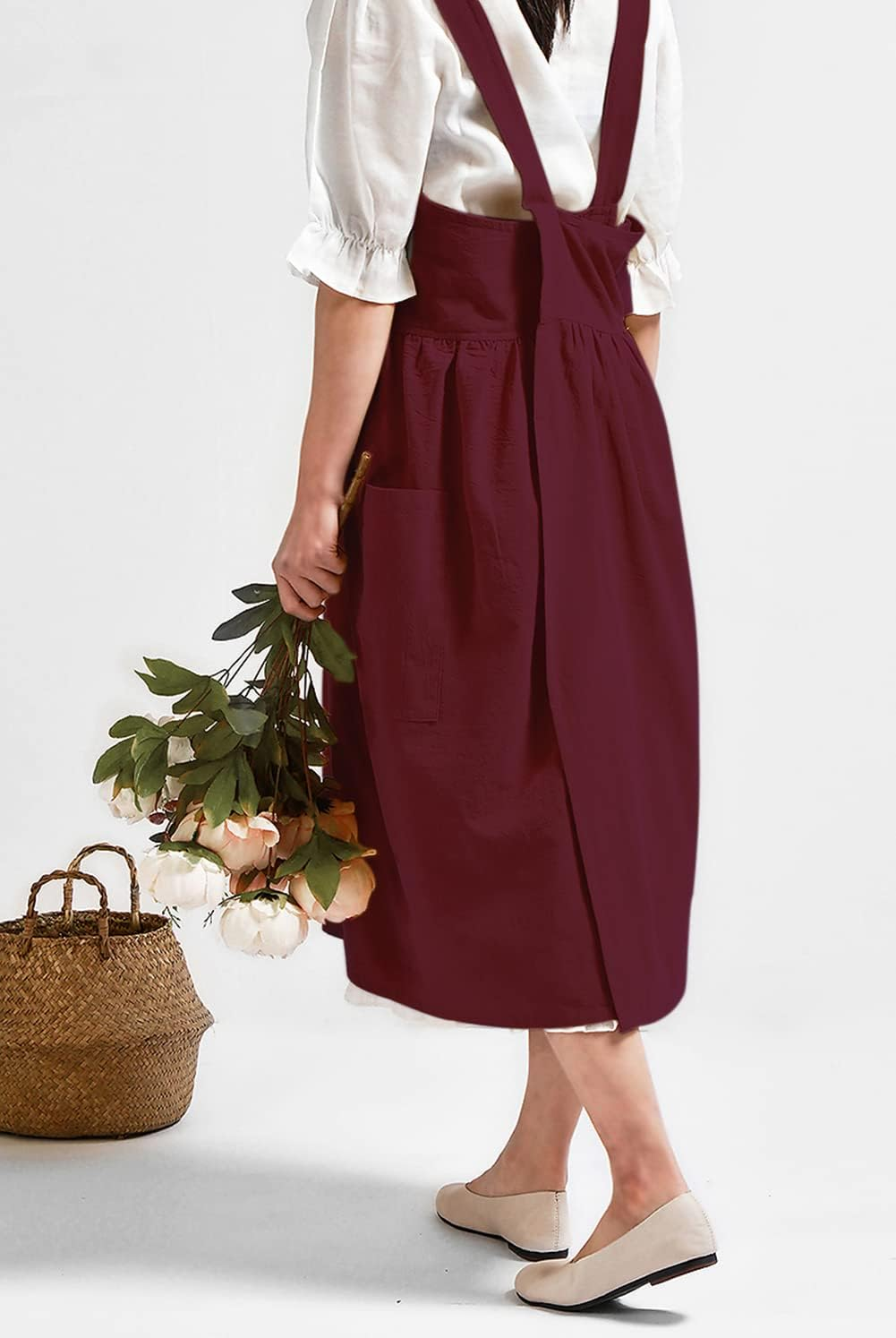 NEWGEM Cotton Linen Cross Back Apron for Women with Pockets Cute Japanese Korean Style Pinafore Dress Purplish Red, 1 Magenta Apron without Waist Ties, One Size image number 5