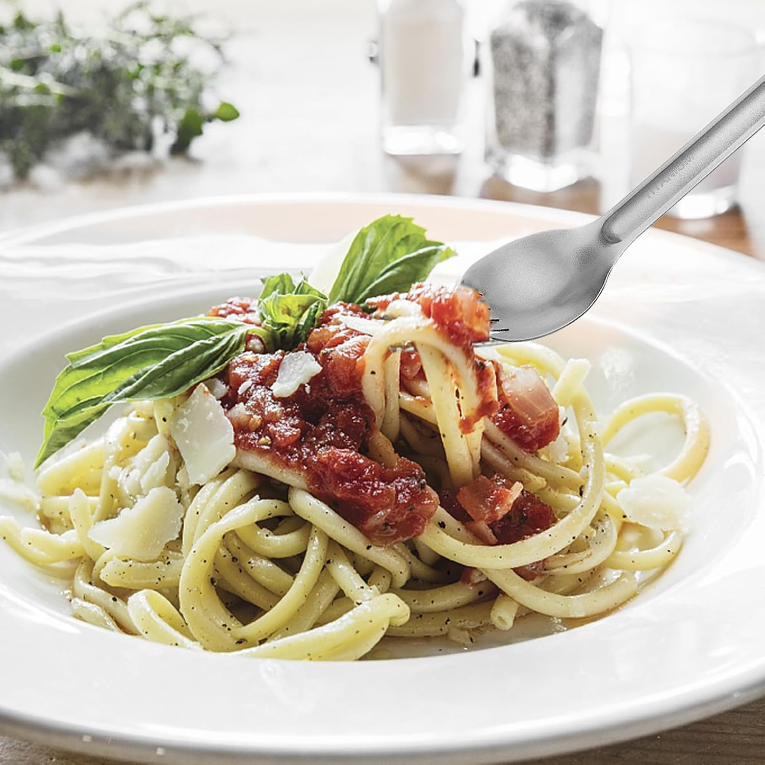 2Pcs Ti Long Handle Cutlery Spoon and Spork Set, Easy to Carry and Store, Camping Spork, a Hole on the Handle for Home, Camping, Hiking, Backpacking, Picnic (Spork and Spoon) image number 6