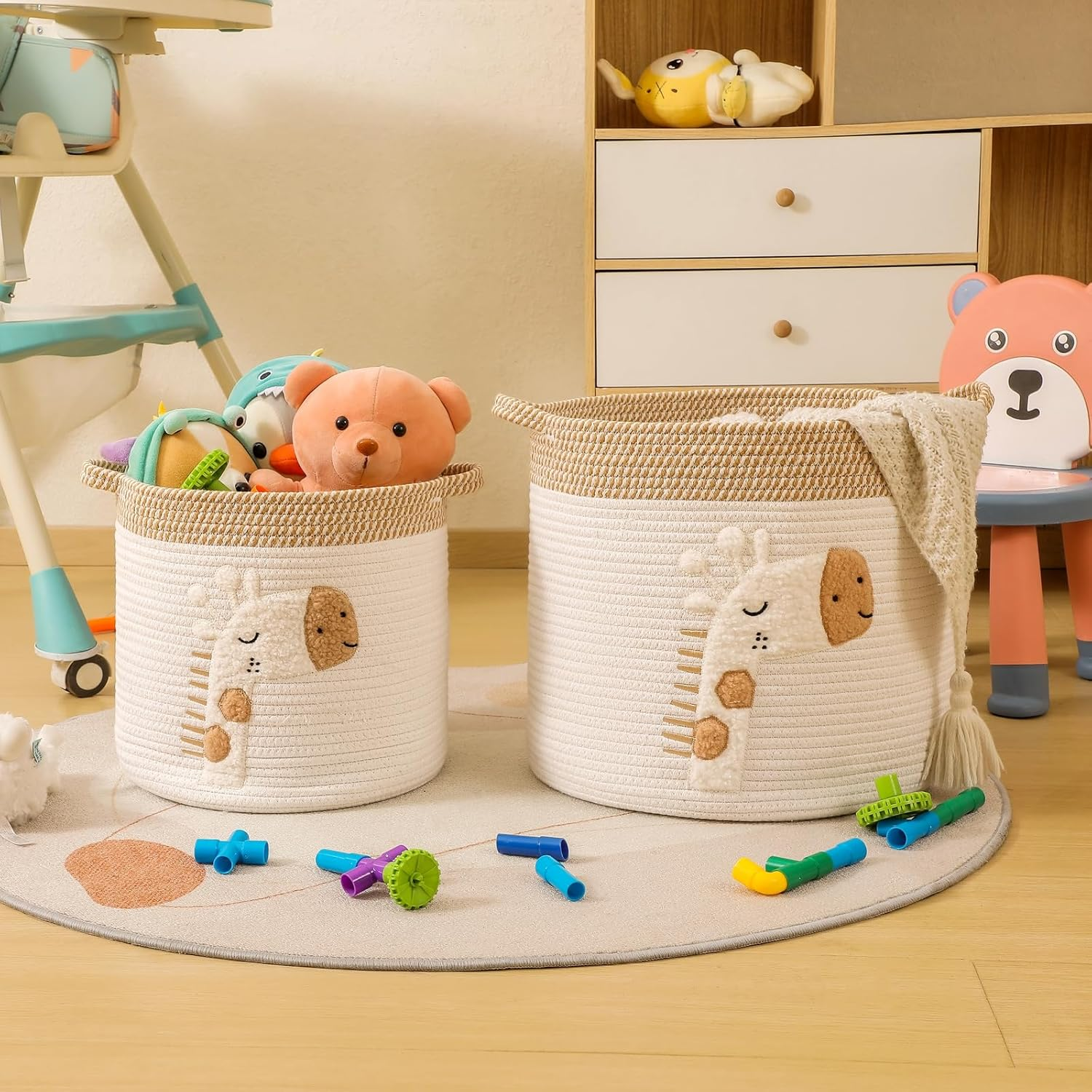 Large Blanket Baskets for Living Room Decor, Toy Storage Baskets Woven Cotton Rope Storage Basket for Kids, Dog Toys Organizer Clothes Hamper with Embroidery Decor for Nurserylaundry (Large, Giraffe) image number 2