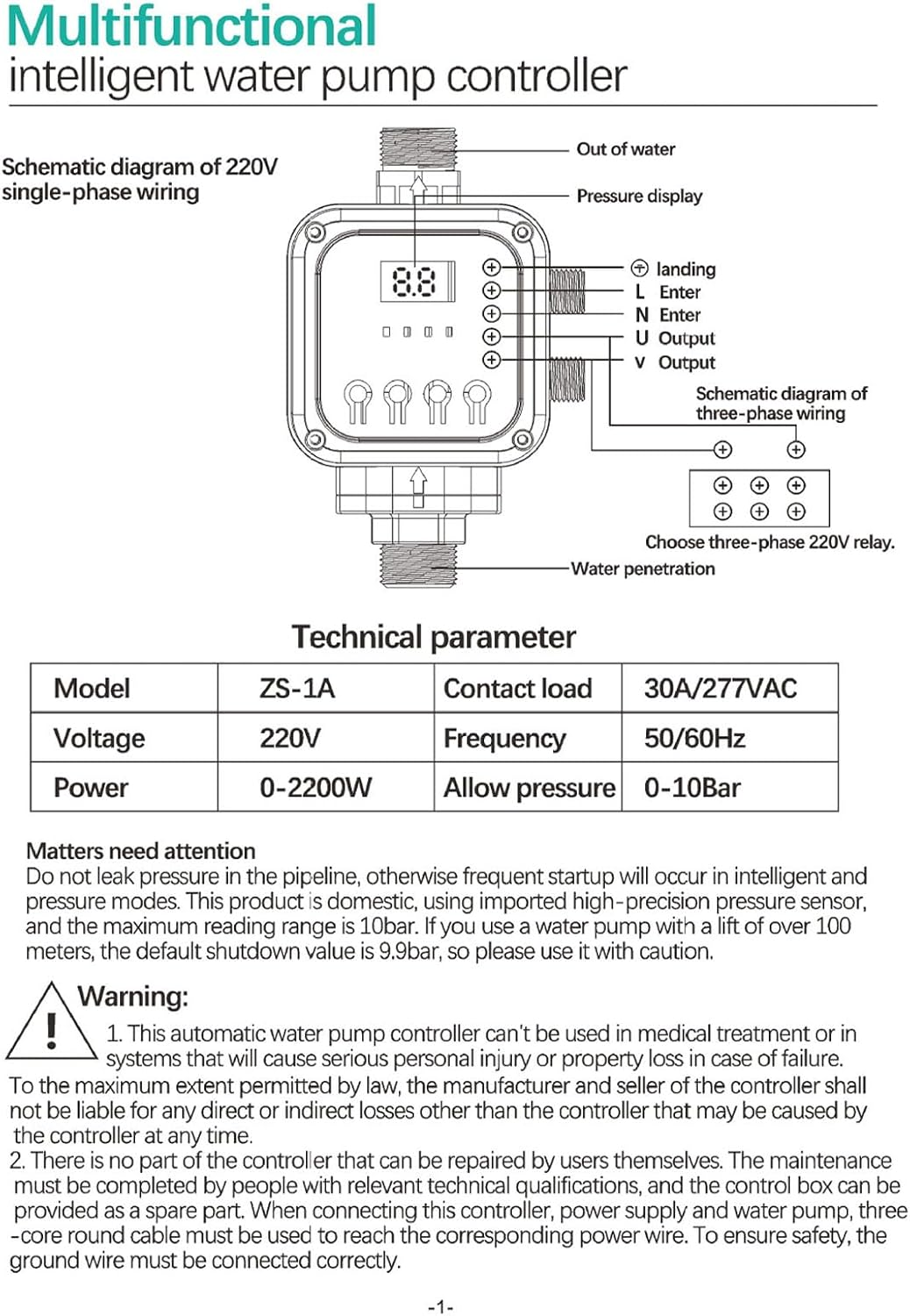 Smart Pump Controller, 10 Bar Automatic Pressure Switch, Adjustable Electronic Switch Controller with 5 Modes for Garden Pump, Jet Pump, Well Pump, Self Priming PUM image number 3