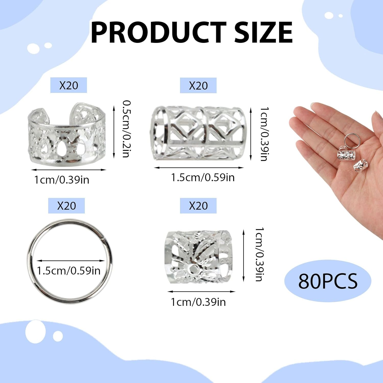 Pack of 80 Silver Dreadlocks Jewellery Viking Hair Accessories, Cuff Clips for Dreadlock Accessories, Adjustable Cuffs, Hair Beads, Hair Spirals, for Dreadlocks for Men, Women, Girls and Boys Braids