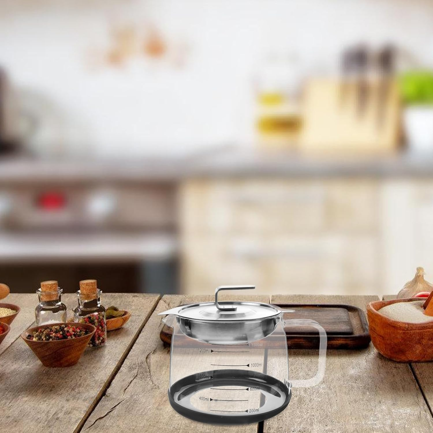 VANZACK Glass Oil Filter Pot 1300Ml with 304 Stainless Steel Strainer, Used Cooking Oil Collector and Fat Separator Container for Household Kitchen image number 6