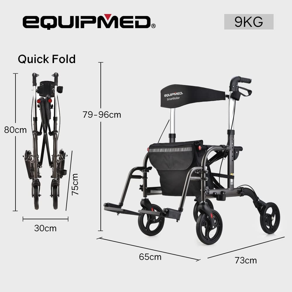 "Equipmed 2In1 Mobility Wheelchair & Rollator Walking Frame, Aluminium Foldable Walker Aid with Detachable Bag in Titanium Colour"