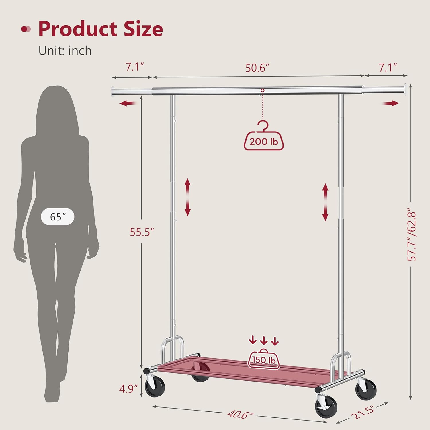 Tajsoon Clothing Rack Heavy Duty Clothes Rack Load 350 LBS, Rolling Clothes Racks for Hanging Clothes with Wheels & Extendable Rod, Collapsible Garment Rack with Bottom Shelf, Commercial, Chrome image number 4