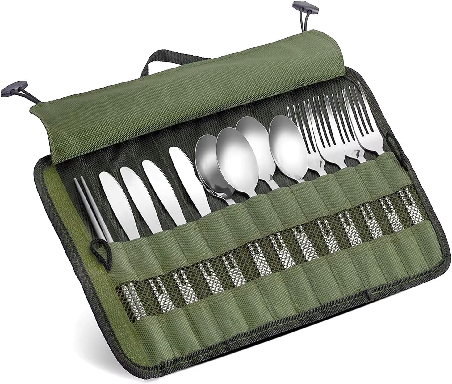 Camping Cutlery Roll,Knife Roll Bag,Waterproof Cutlery Bag with 13 Slots, Portable Silverware Storage Cloth Roll for Forks, Spoons, Chopsticks,Travel & Camping Utensil Pouch, Army Green Cooking Set image number 3