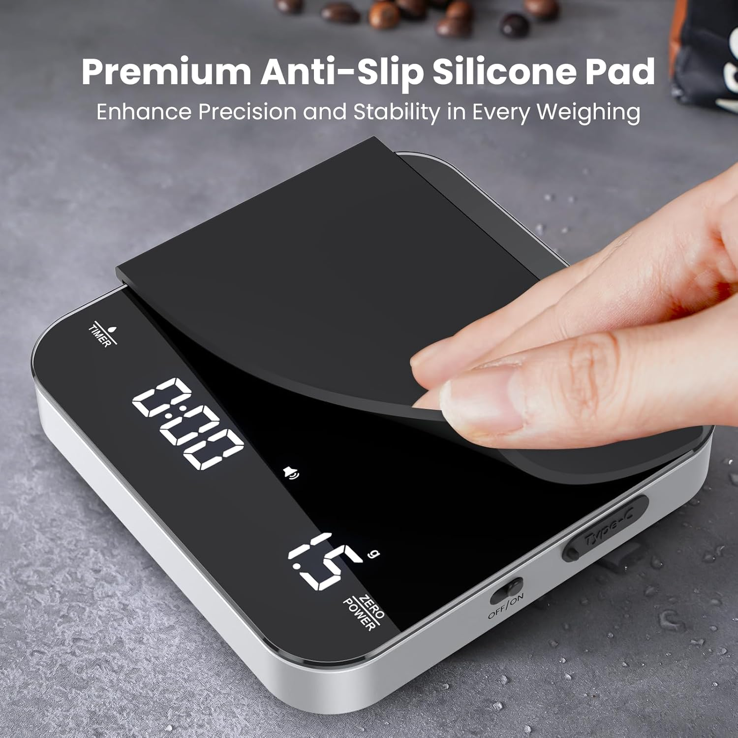 Rechargeable Mini Coffee Scale with Timer, Maestri House Espresso Scale, 2Kg/0.1G Accurate Scale for Espresso and Pour-Over Coffee, Portable Digital Kitchen Scale with Automatic Timing（Black&Sliver） image number 6