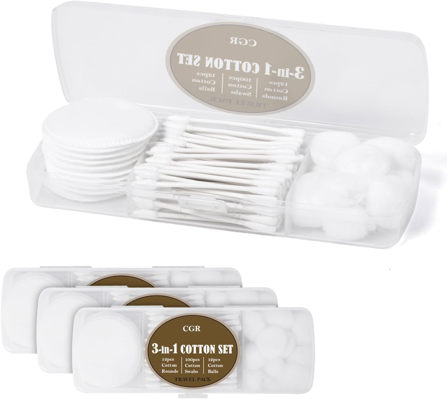 CGR Travel Cotton Swabs Set Portable, Eack Pack with 100 Cotton Swabs, 12 Cotton Rounds, 12 Cotton Balls in Reusable Storage Box for Ear, Cosmetics, Makeup Remover, Nail Polish Remover(Pack of 3) image number 2