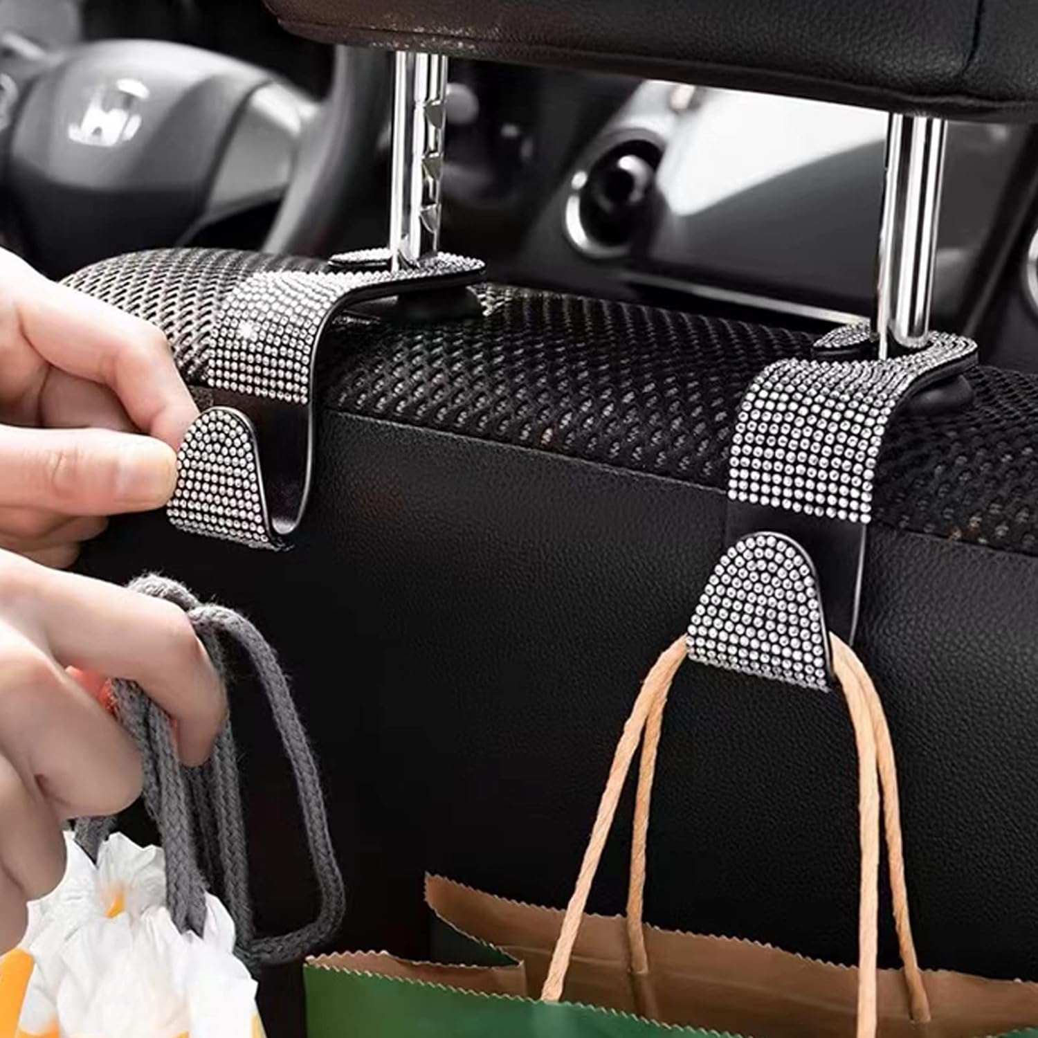 2PCS Car Seat Hooks - Bling Rhinestone Headrest Hooks with Universal Design - Perfect for Holding Handbags, Clothes, Purses, and Water Bottles - Black image number 3