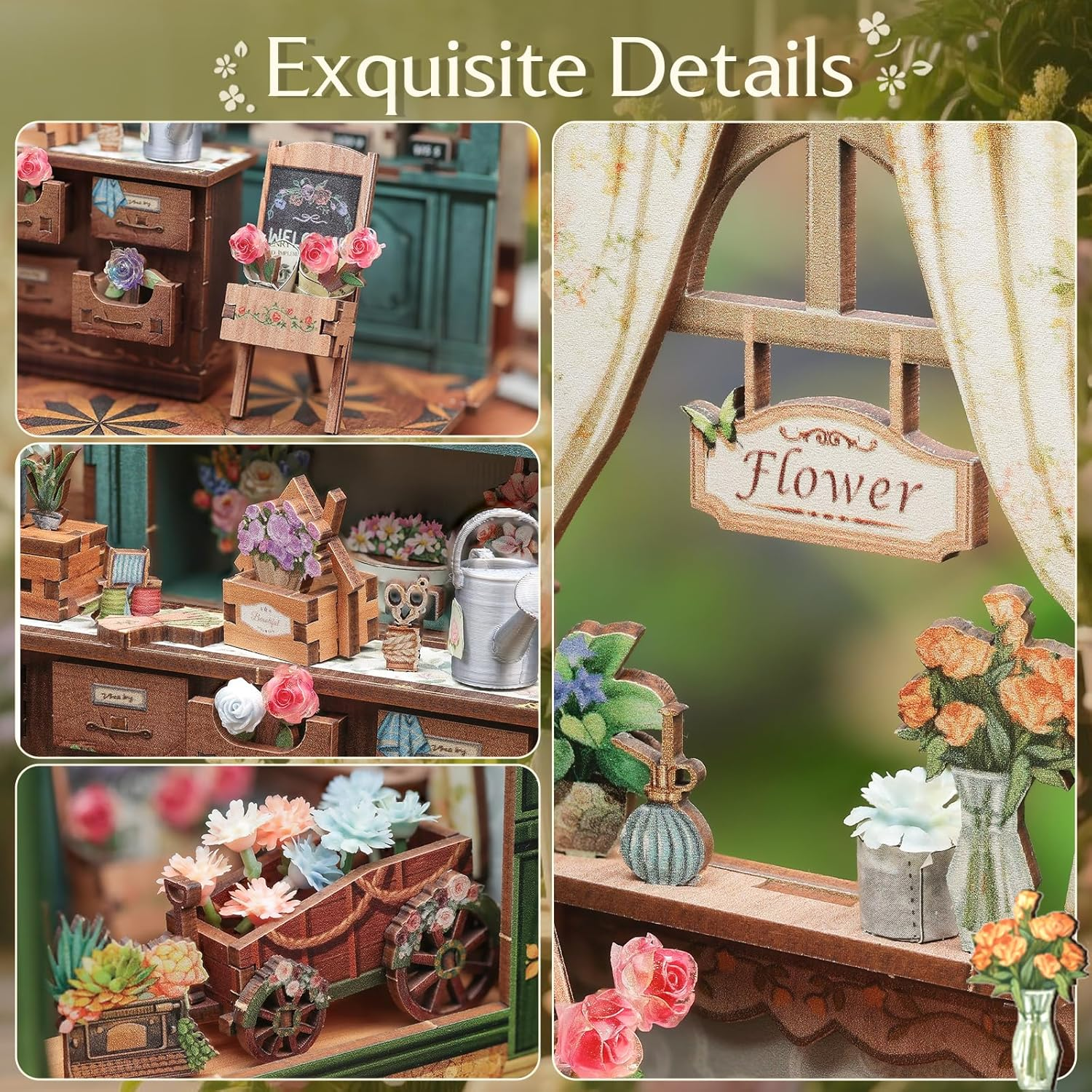 CUTEBEE Book Nook Kit - DIY Miniature House Dollhouse Kit for Adults and Teens, 3D Wooden Puzzle Tiny House Bookshelf Decor with LED Light for Family, Friends (Blossom Florists) image number 2