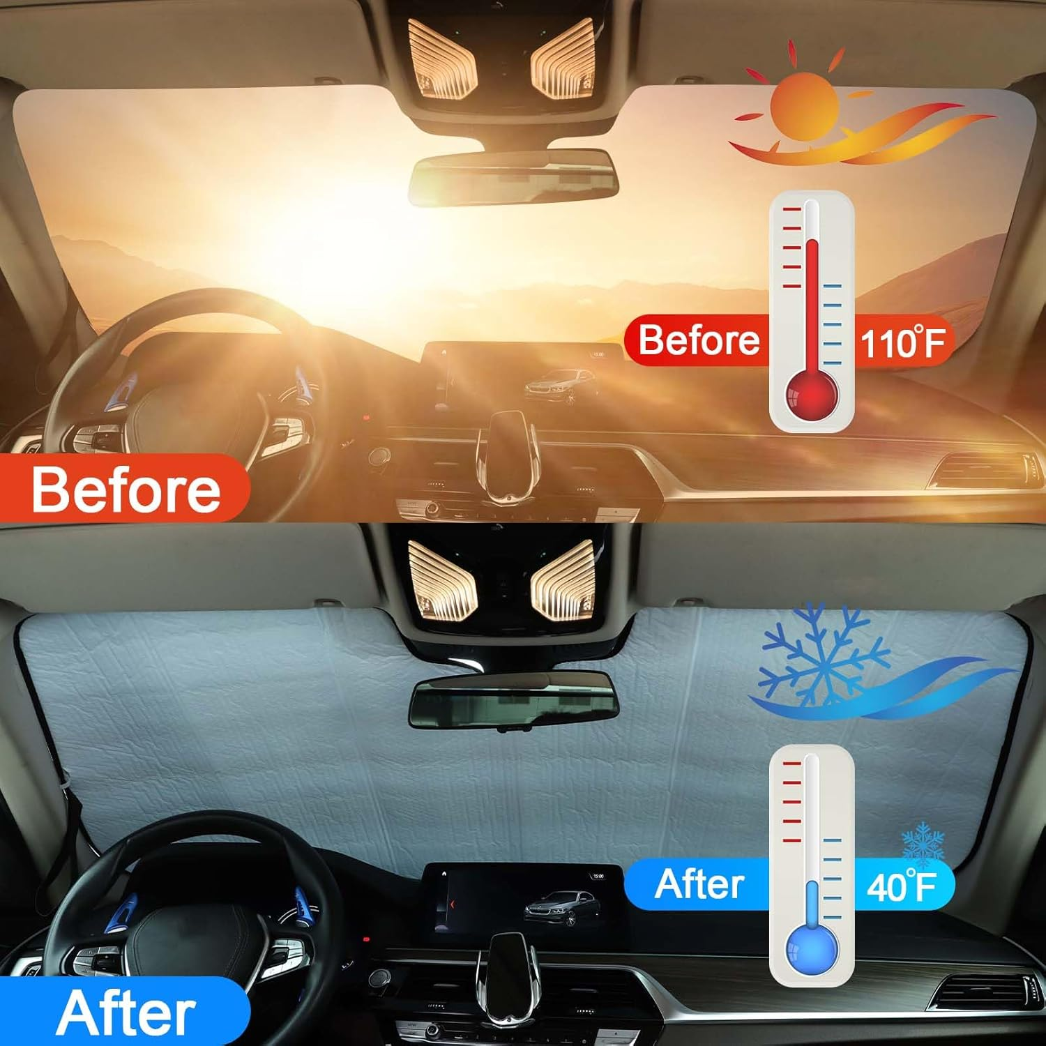 Windscreen Sun Shade Compatible with BMW 5 Series Accessories | Reflective Windshield Cover Window Shade | UV & Heat Blocking Cover (Aluminum Foil, 2018-2023) image number 6