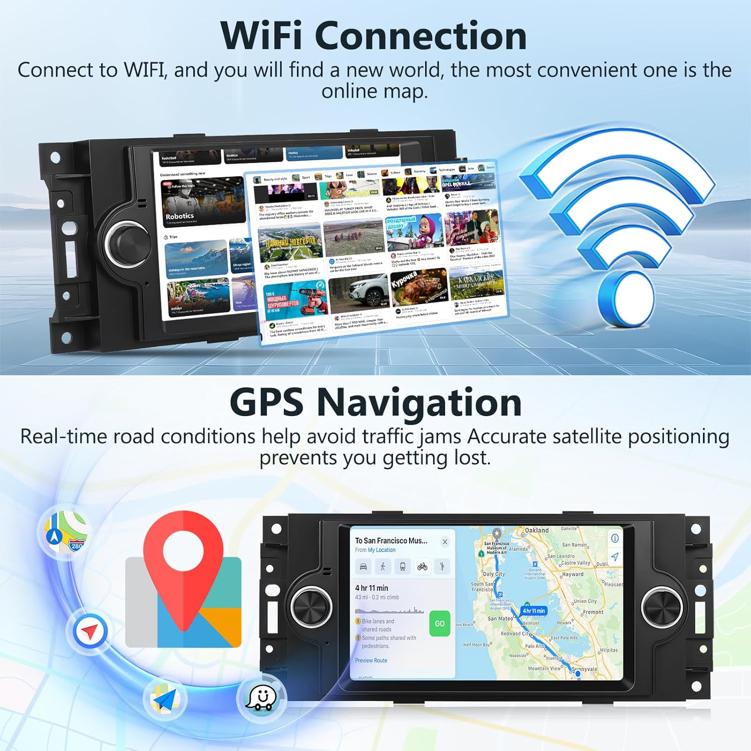 Motorsi 6.2" Car Stereo Radio for Dodge RAM 1500 Jeep Commander Patriot Compass 300C Jeep Grand Cherokee Chrysler 300 Touch Screen Audio with Carplay Android Auto BT RDS/FM Radio Wifi GPS Navigation image number 6