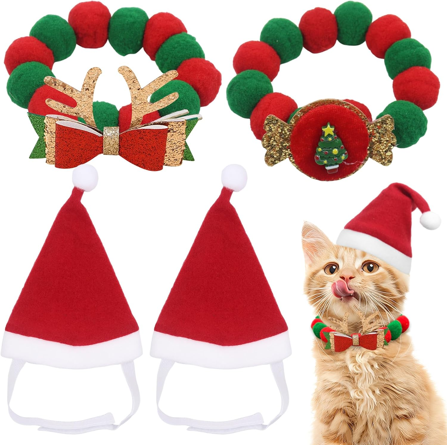 Pack of 4 Christmas Costume for Cats, Christmas Hat Cat, Cat Clothing, Pet Costume Christmas Collar Cat Santa Hat Christmas Costume Gift for Cats Dogs Puppies