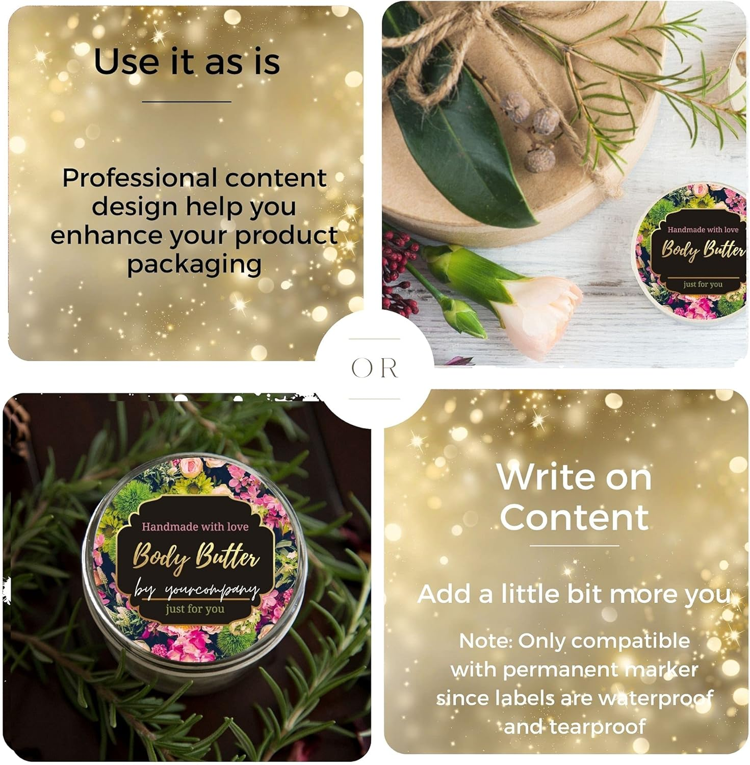 Mobiusea Creation Body Butter Labels Roll | 2 Inch | Gold Foil | 300Pcs Waterproof Labels for Beauty Jar, Body Butter Kit, Homemade Body Butter Container and Plastic Jars image number 2