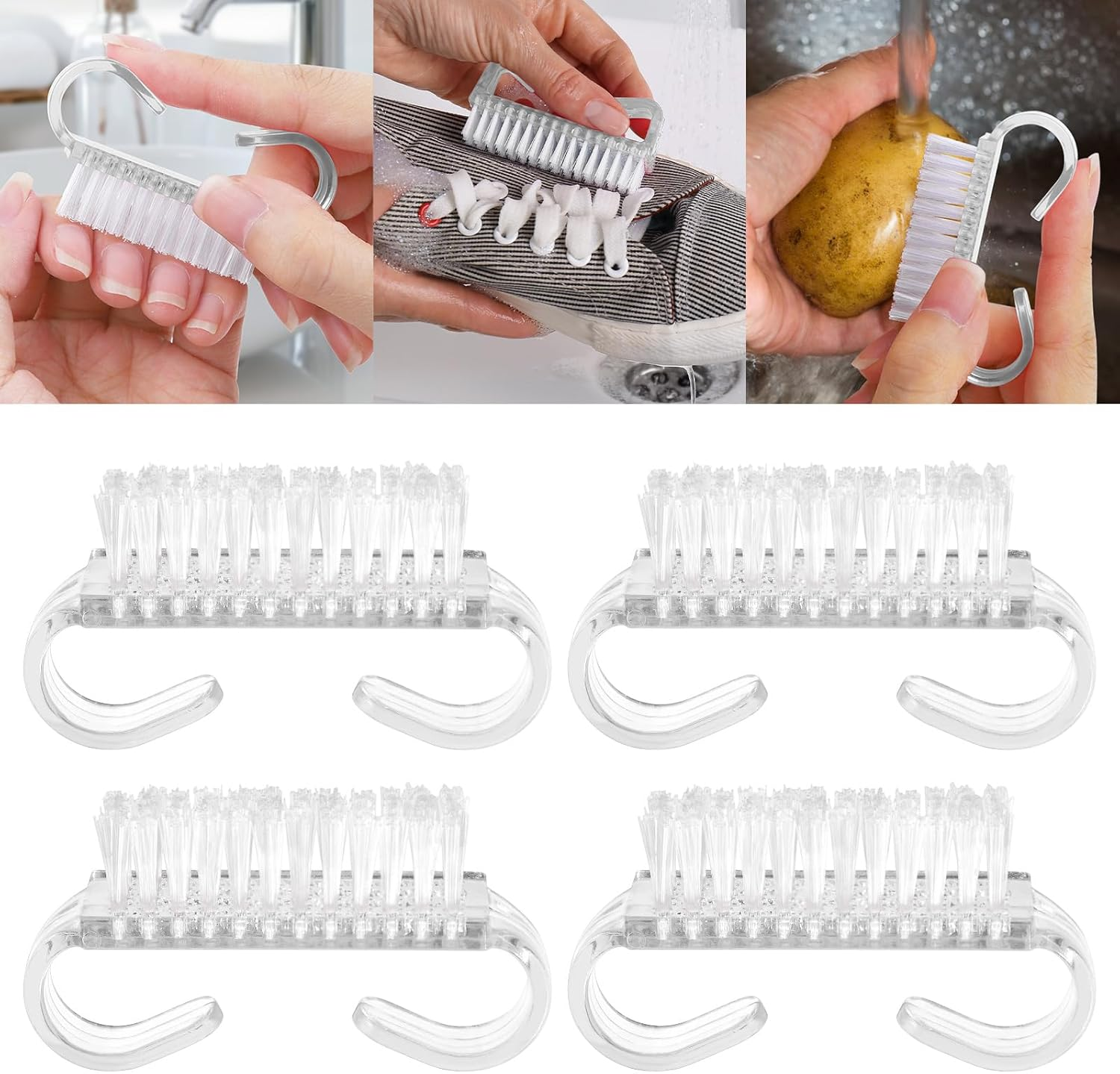 4 Pack Handle Grip Nail Brush,Hand Fingernail Scrub Cleaning Brushes for Toes and Nails Cleaner (Clear)