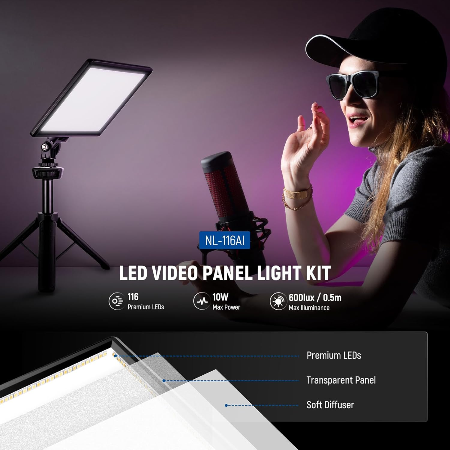NEEWER 9" LED Camera Video Light Panel, 4000Mah USB C Dimmable DSLR Soft Key Lighting 3200K-5600K CRI95+ for Studio Photography Recording Streaming, Mini Desk Tripod Stand, Cleaning Cloth, NL-116AI image number 1