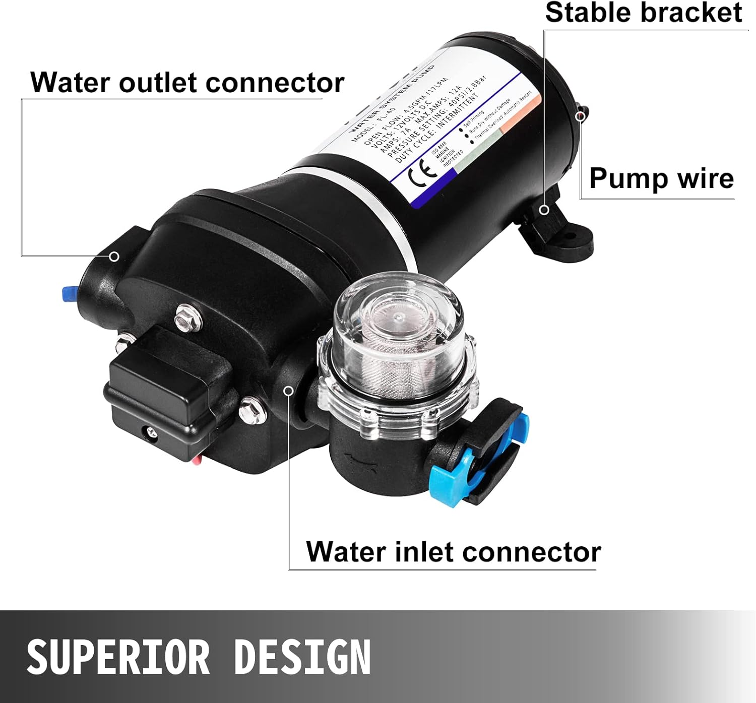 VEVOR Water Pressure Diaphragm Pump, 12V FL-40 High Pressure Diaphragm Water Pump, 40PSI Automatic Self Priming Water Pump, 17L/MIN Misting Booster Sprayer Diaphragm Pump for Caravan Boat RV Garden image number 1