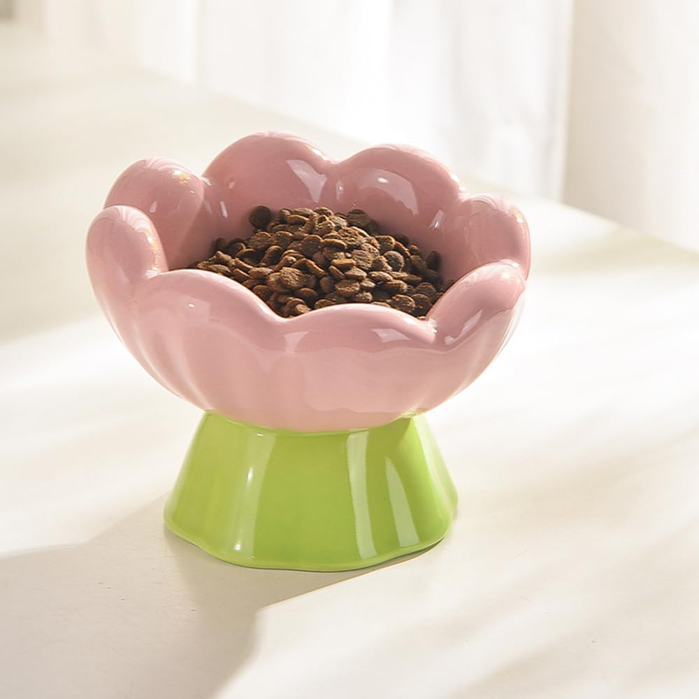 HYAVIA Ceramic Raised Cat Bowl &ndash; Pink Tulip Elevated Cat Dish, 13.5 CM Tall & Tilted, Whisker Friendly, Anti-Vomiting Pet Bowl for Small Indoor Cats & Dogs &ndash; Non-Slip, Cute Flower Design image number 3