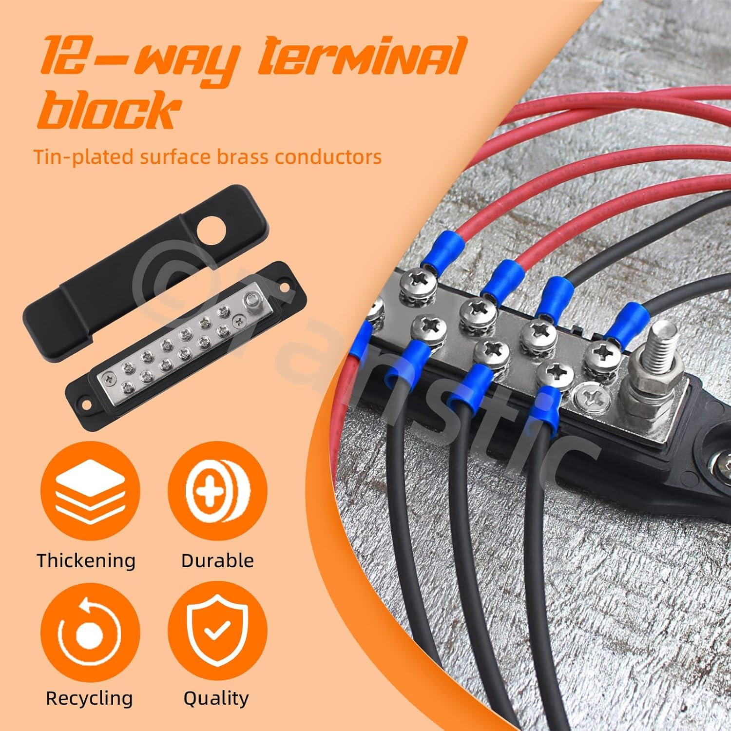 Tanstic 12 Terminal Power Distribution Block with Ring Terminals, 12 Terminals Bus Bar-1/4 Stud, 12 X M4 (#8) Terminal Screws, Black