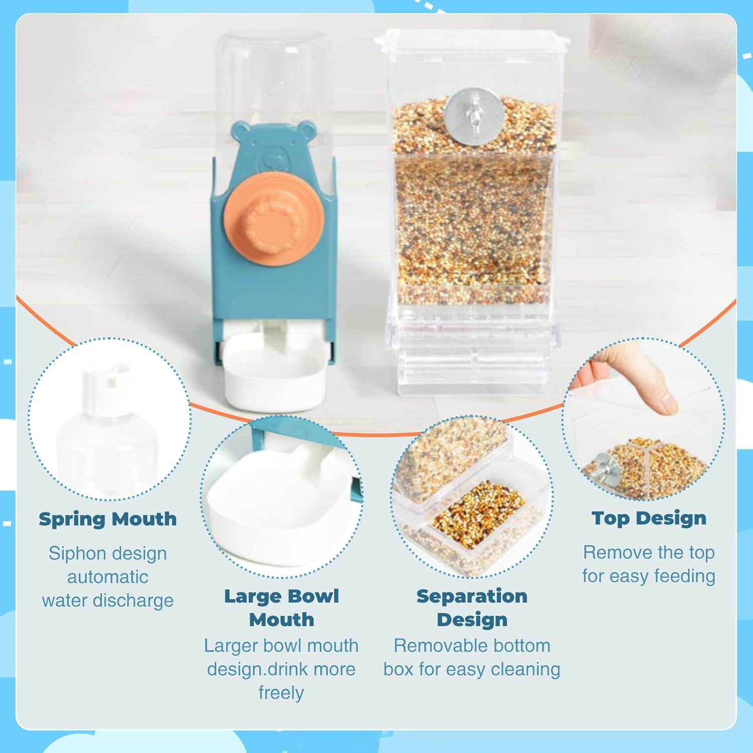 SUSOO Bird Feeder and Water Dispenser Set, Leak-Proof Acrylic Automatic Seed Feeding Container, Hydration Drinker for Parrot, Parakeets,Budgies, Cockatiels,Canaries,And Lovebirds Cage Accessories image number 4