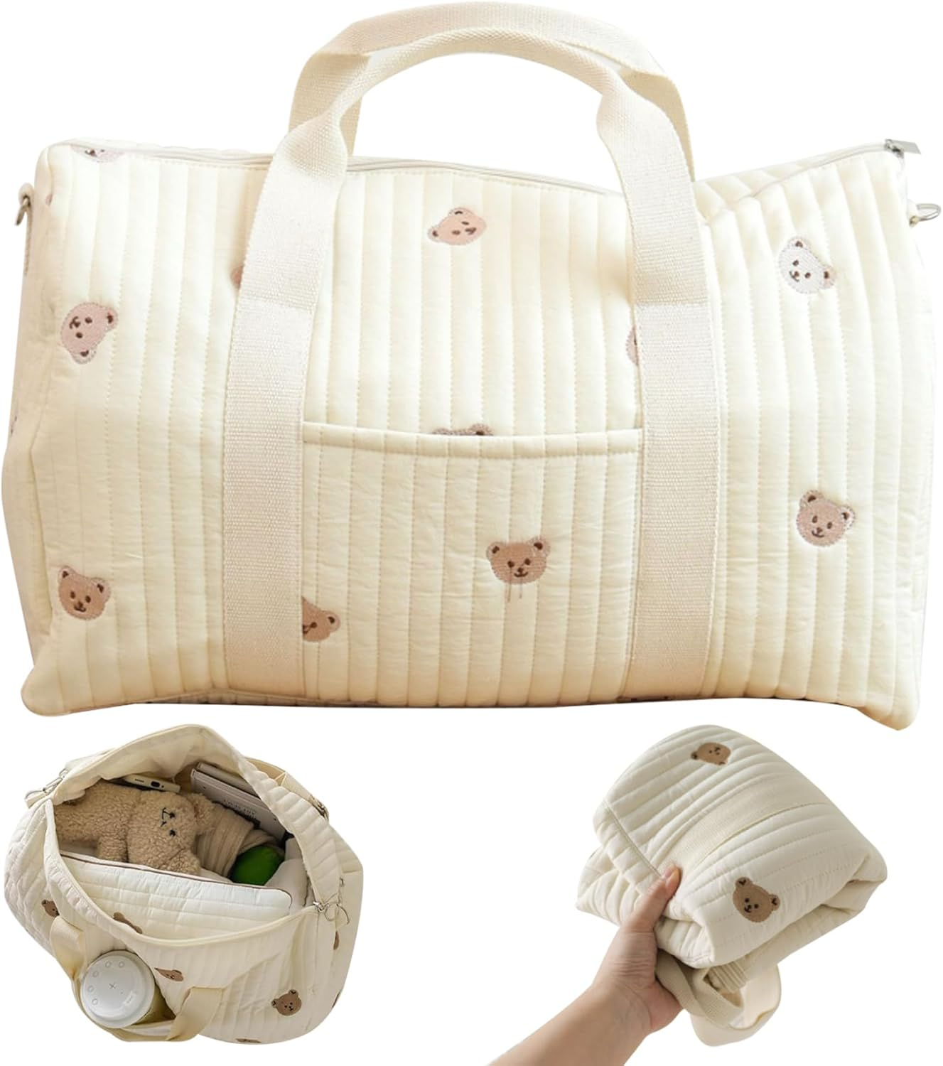 Travel Duffle Bag, 18.9X11Inch Lightweight Weekender Bags for Women, Bear Embroidered Mommy Bag, Carry on Tote Bag, Soft Hospital Bag for Women Labor Delivery image number 4