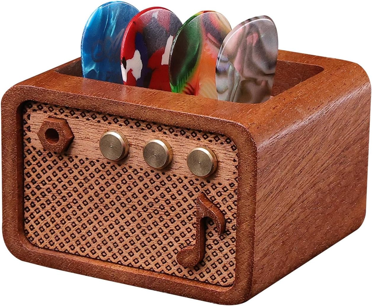 Guitar Accessories, Sapele Wood Electric Guitar Amp Shaped Guitar Pick Holder, Guitar Players Guitarists for Picks Storage and Display image number 1