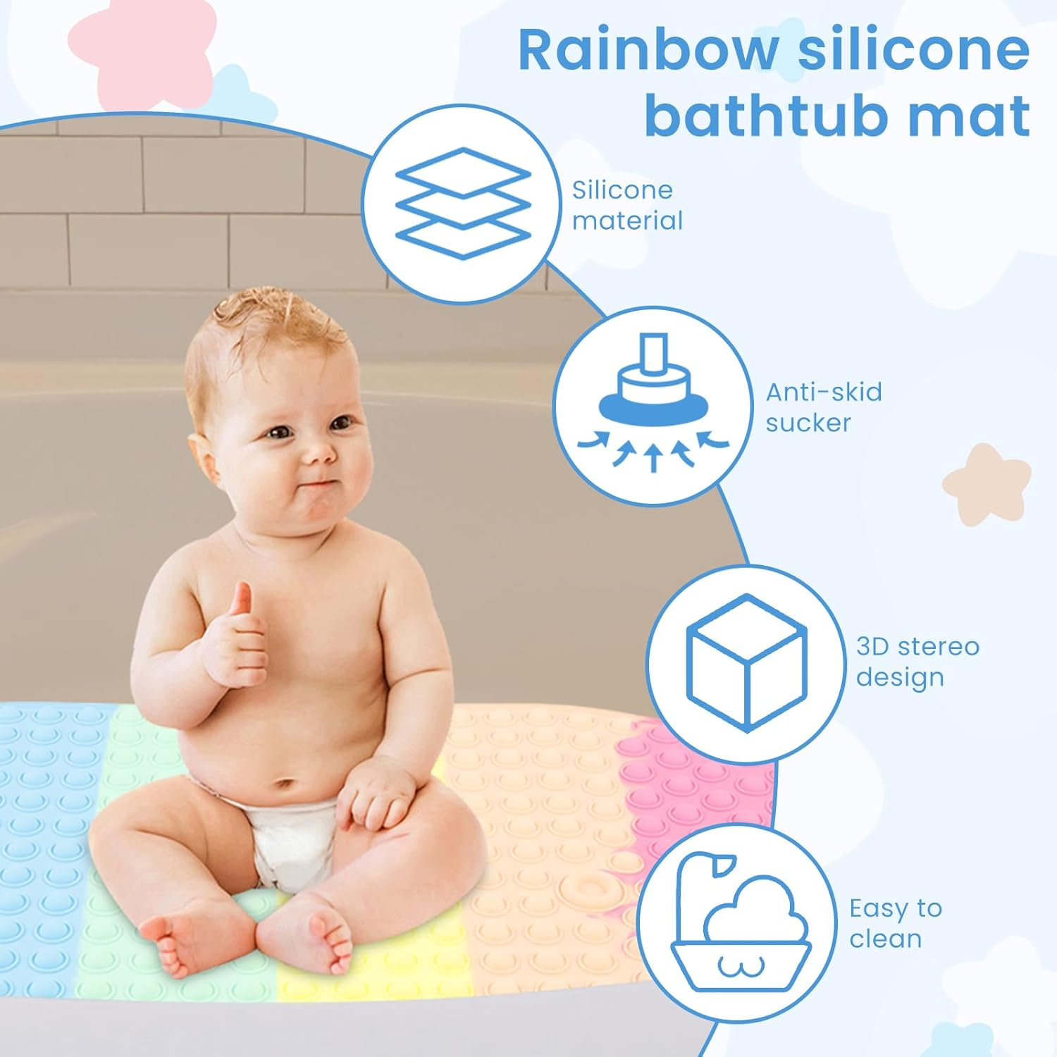 Baby Bath Mat for Tub Kids Non Slip 27"X15" Colourful Bathtub Mats with Push Bubbles & Suction Cups for Bathroom Shower Room (Colorful, 1Pc) image number 6