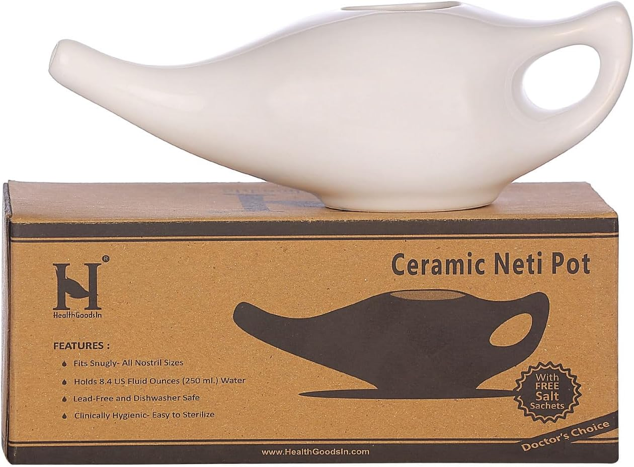 Healthgoosaau - Durable Ceramic Neti Pot for Nasal Cleansing with 5 Sachets Neti Salt - 225 Ml Capacity