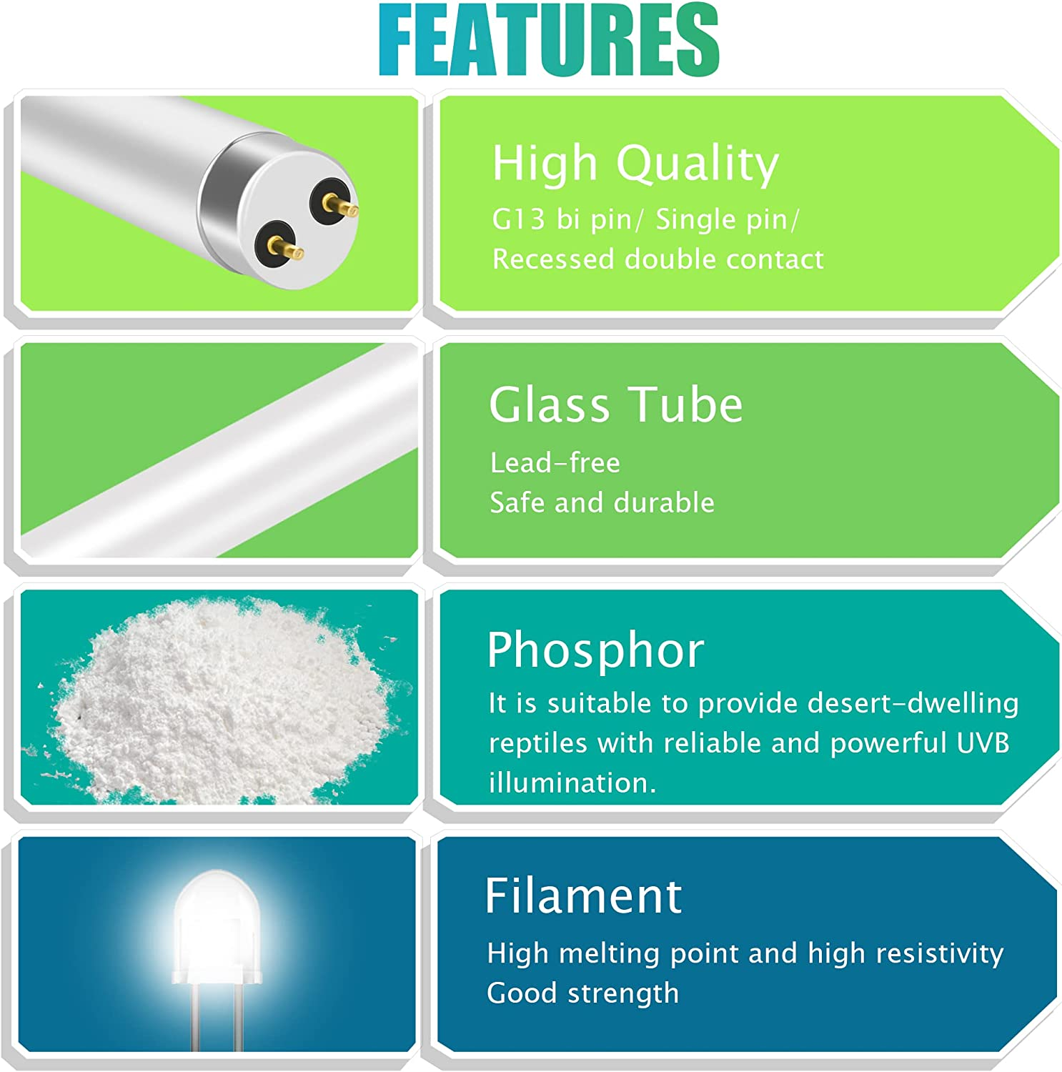 T8 Desert Terrarium Fluorescent Lamp Tube 18" Full Spectrum UVB Bulb, Dual-Threat UVA/UVB 10.0 Reptile Light for Reptiles and Amphibian, 15 Watt image number 4