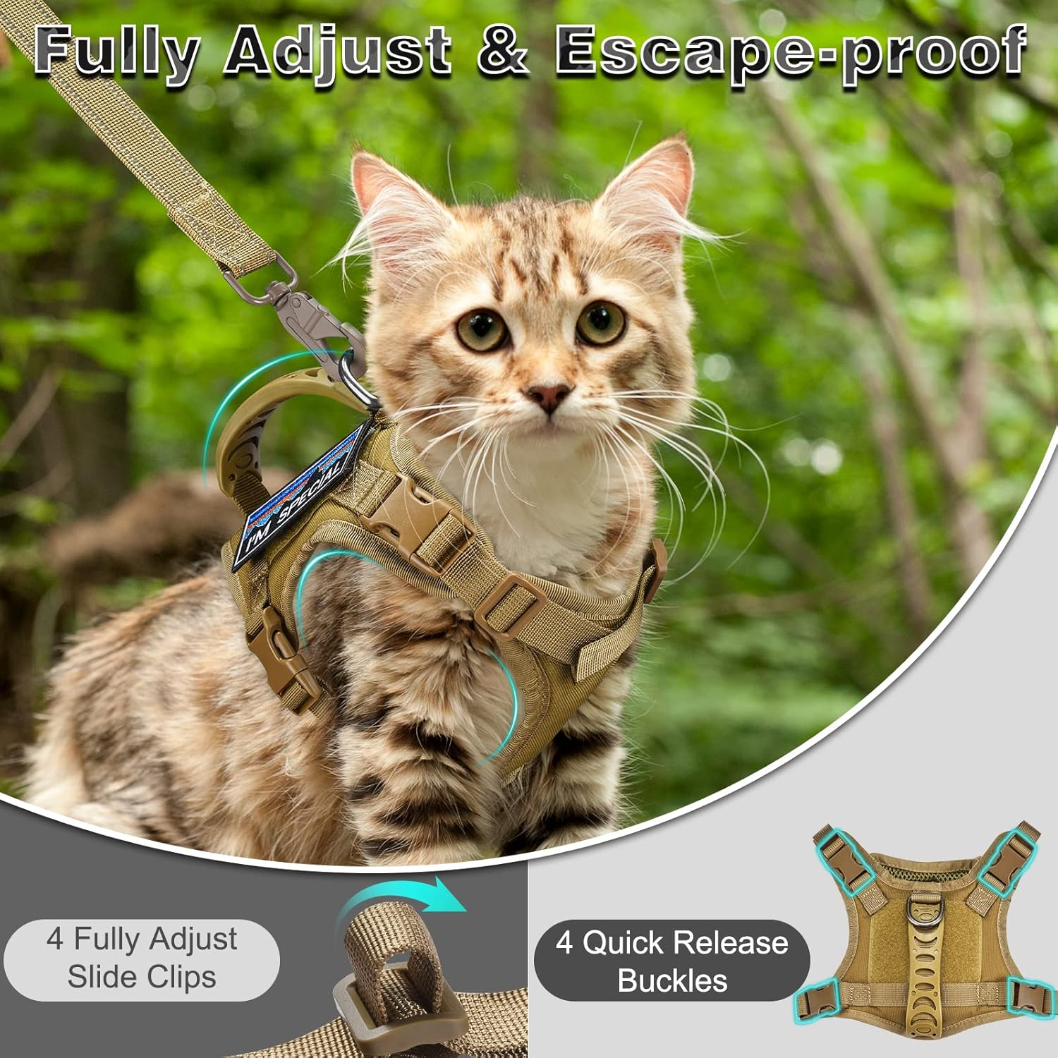 Nanappice Tactical Cat Harness and Leash for Walking Esacpe Proof,Adjustable Soft Mesh Large Cat Vest with Rubber Handle Easy to Control,Molle Pathes - Came Khaki image number 2