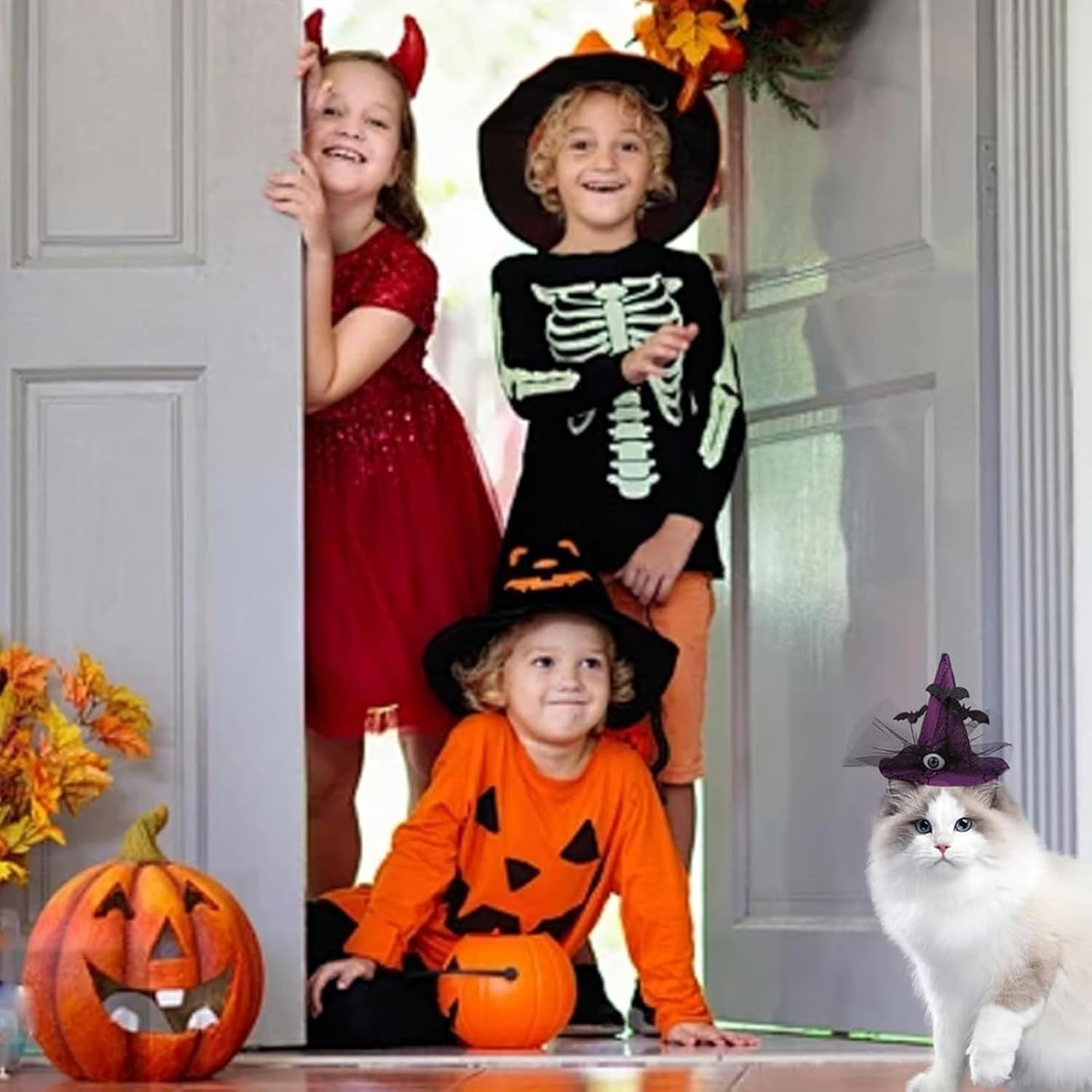 Cat Halloween Hat | Halloween Costumes for Dogs,Eyeball Bat Design Witch Headwear Adjustable Strap for Medium Breed Photo Props Party Indoor Thanksgiving image number 4