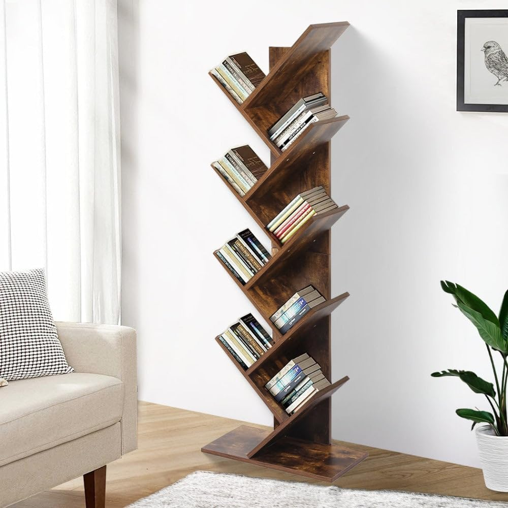 Levede Bookshelf Wooden Tree Bookcase 8-Tier Storage Home Decor Display Stand - Spacious, Sturdy, Easy Assembly(50Cm X 25Cm X 142Cm, Brown) image number 1