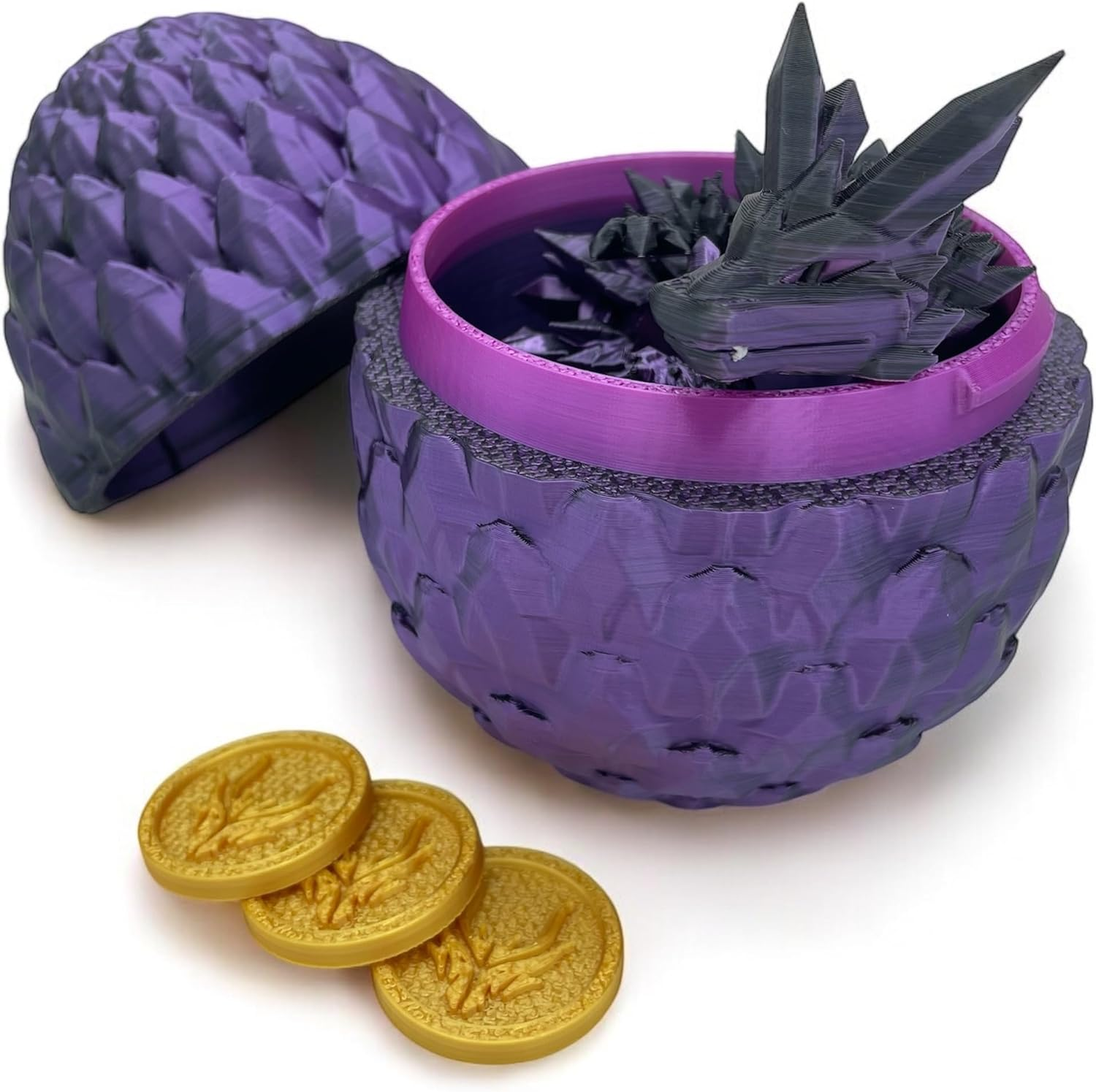 3D Printed Egg with Dragon Inside, Large Crystal Dragon in Scaled Egg with Lucky Coins, Full Articulated Figurine for Adults with ADHD, Autism, Stress and Anxiety Relief (Purple and Black) image number 6