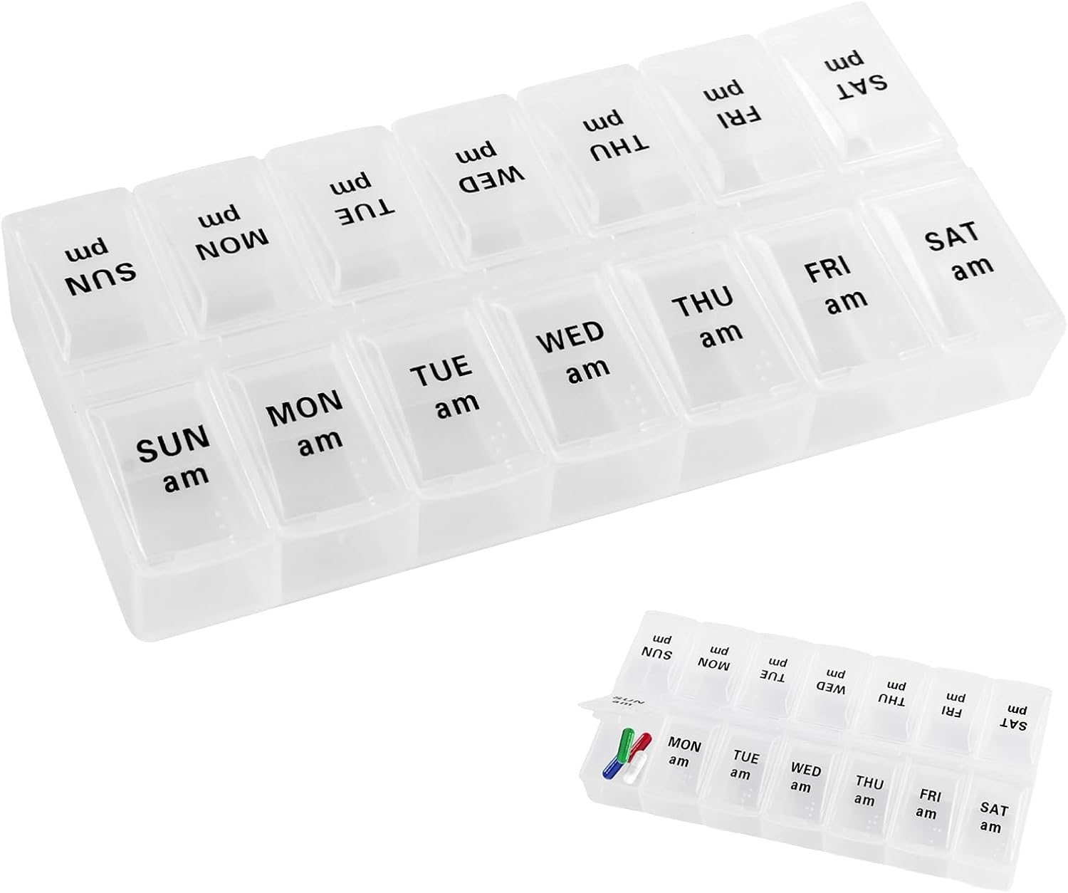 Weekly Pill Organizer, 7 Day Pill Organizer 2 Times a Day, Day Night Medicine Organizer, Pill Box with Simple Button Design for Pills/Vitamins/Fish Oil/Supplements, Black and White