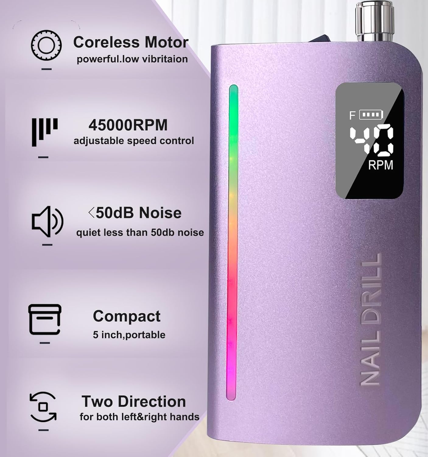 Professional Coreless Electric Nail Drill, 45000 RPM Portable Alloy Nail File Machine Rechargeable for Nail Salon,Midicure,Pedicure (Purple) image number 3