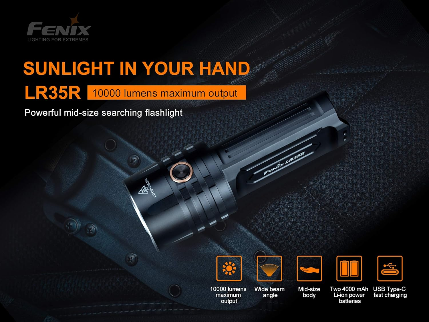 Fenix LR35R 10000 Lumen Rechargeable Tactical Flashlight with 500M Beam & up to 80Hr Runtime &ndash; IP68 Waterproof LED Torch with 5 Brightness Levels USB-C Rechargeable Searchlight image number 6
