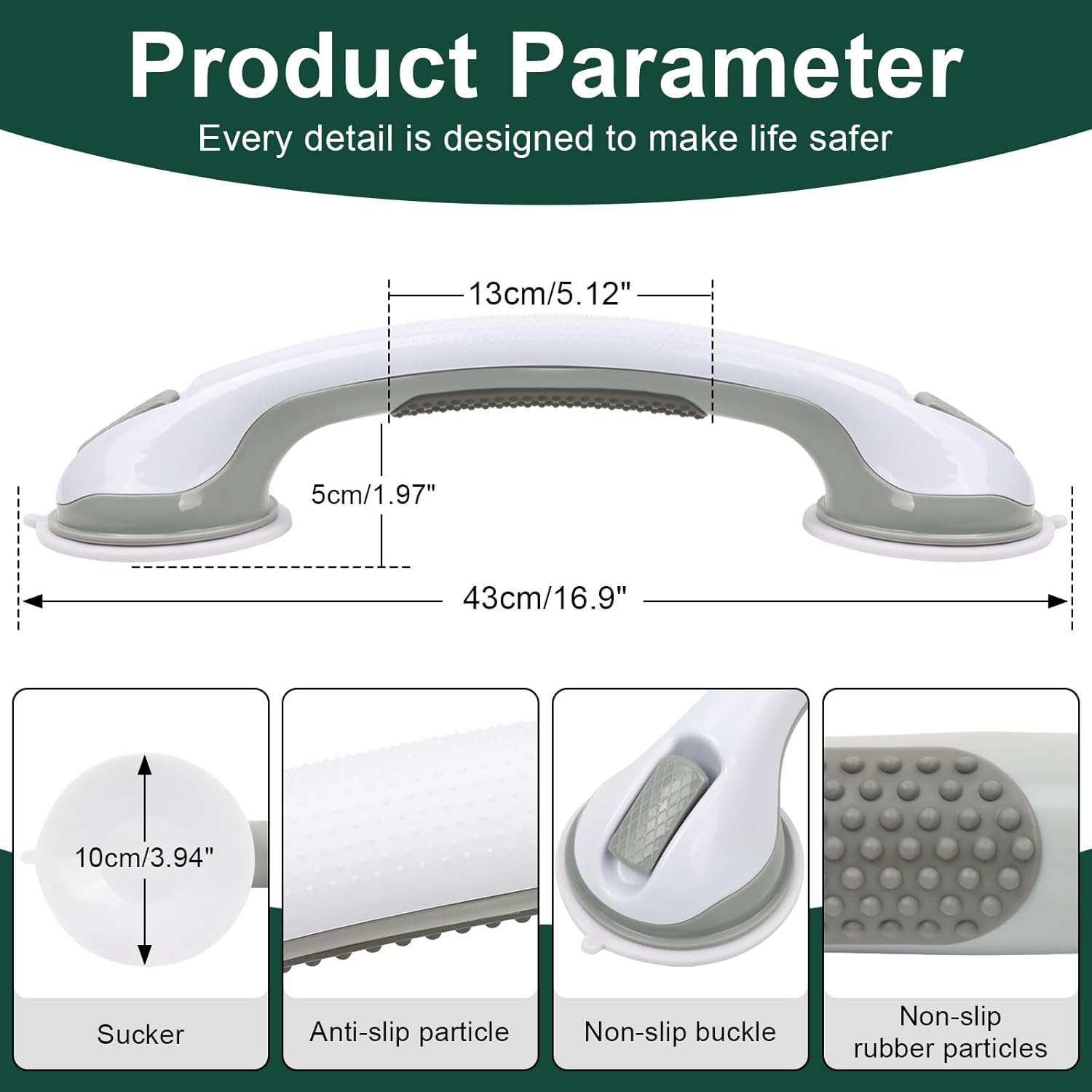 Sunzone 2 Pack Suction Grab Bars, Grab Bar for Elderly,Heavy Duty Shower Handle,Bathroom Grab Bars for Seniors,Removable Shower Handrails image number 6