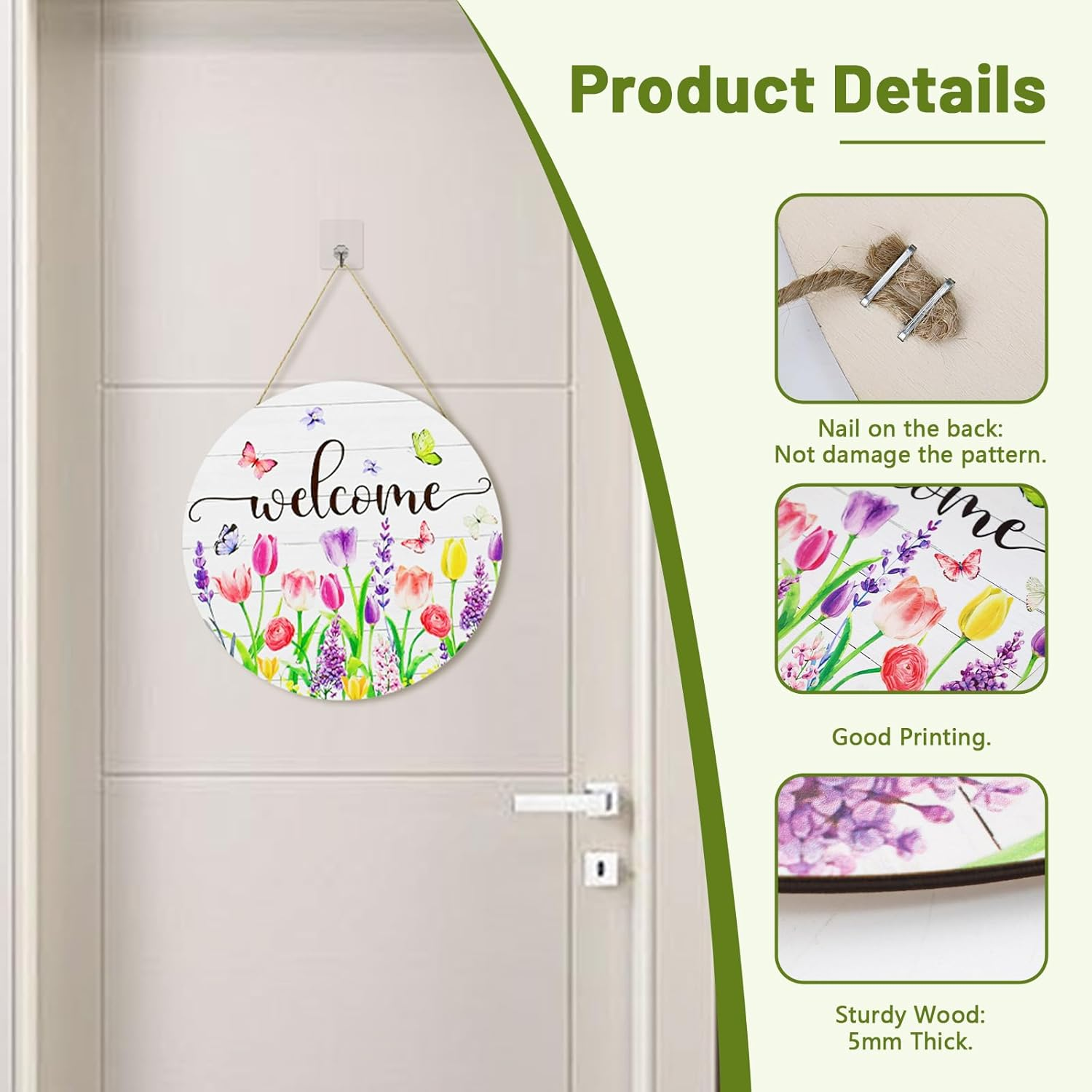 Huakaile Spring Tulip Welcome Sign for Front Door Decor, Pink Purple Floral Butterfly Welcome Door Sign, Seasonal Flower Wooden Door Hangers, Farmhouse Wreath Hanging Signs Decoration for Porch Yard - Purple image number 1