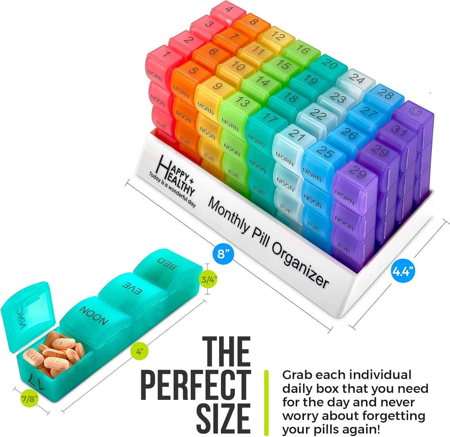 Month Pill Box Organizer - 4 Times-A-Day Morning-Noon-Evening-Night - Large 32 Daily Pill Cases with Compartments for Vitamins, Supplements, Medication -Travel Monthly Pill Organizer, Rainbow image number 4