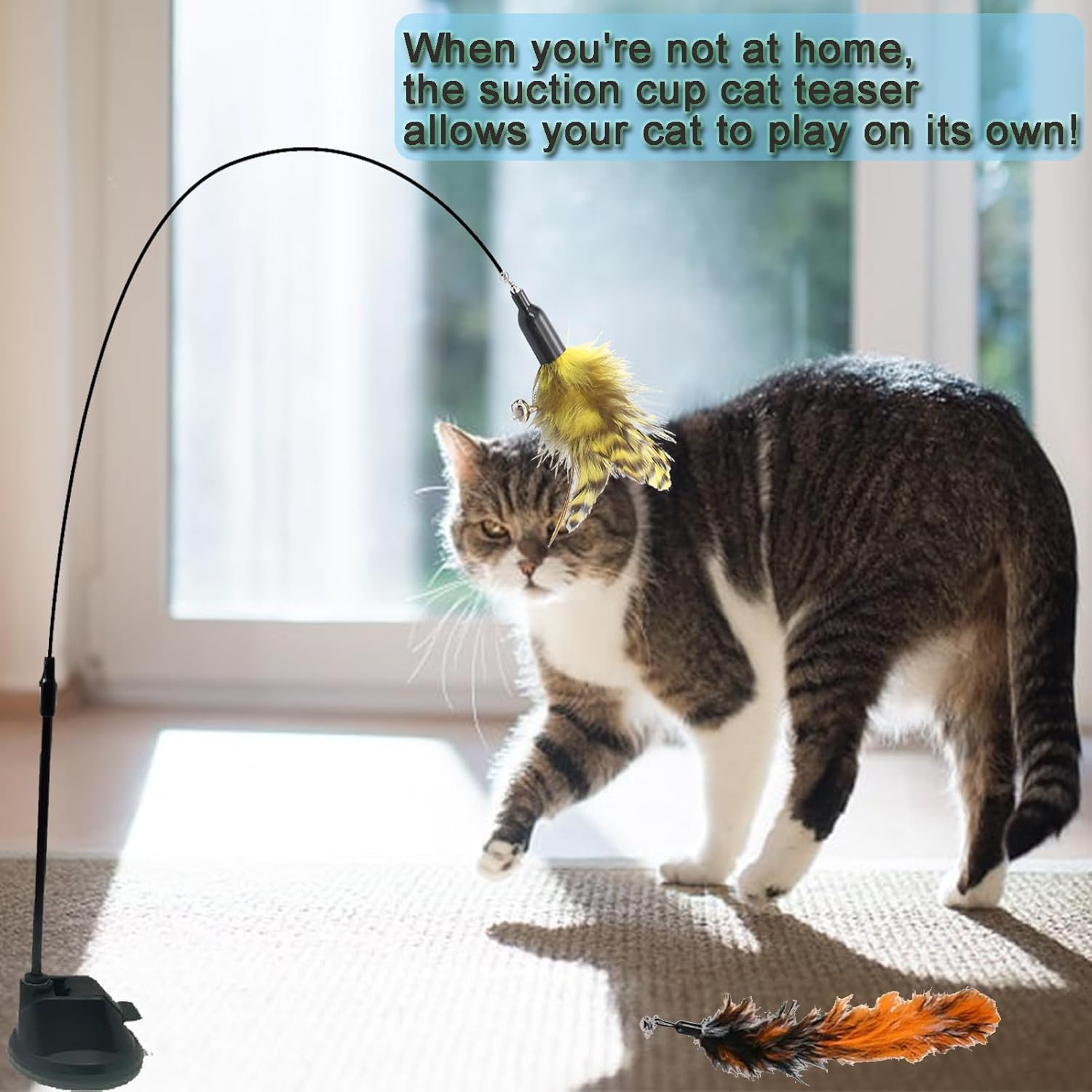 Cat Wand Toy,Cat Toys for Indoor Cats,Suction Cup Cat Fishing Pole Toy,17 Pcs Cat Toys with 14 Replacebments Feather,Cat Toys for Bored Indoor Adult and Kitten Cats image number 1