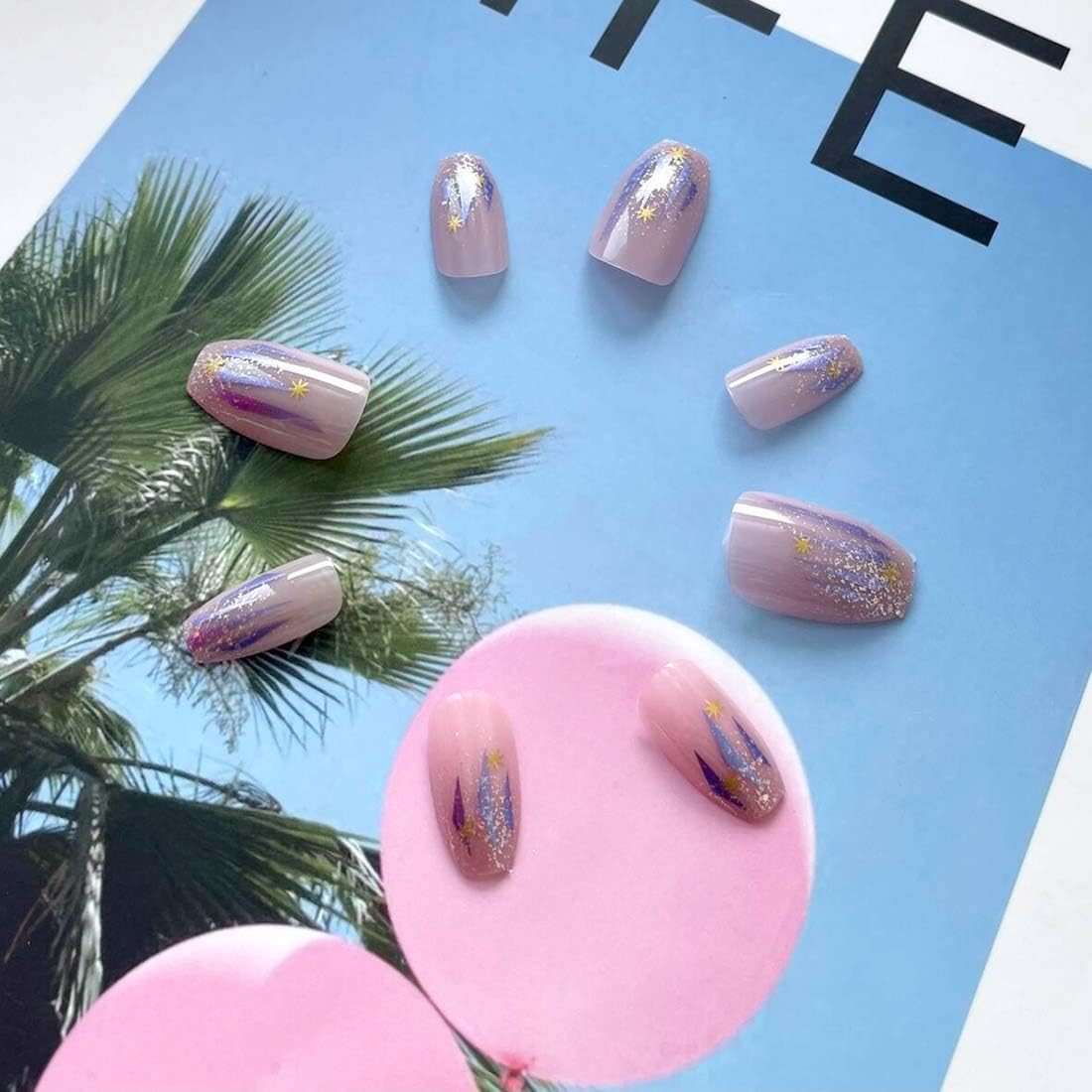 Resweky Moyen Cercueil Faux Ongles, Sequins, Fran&ccedil;ais Boutons, Press, Rose, Brilliant Nude Faux Ongles, Ensemble Complete De Clous Acrylic Liques for Women image number 5