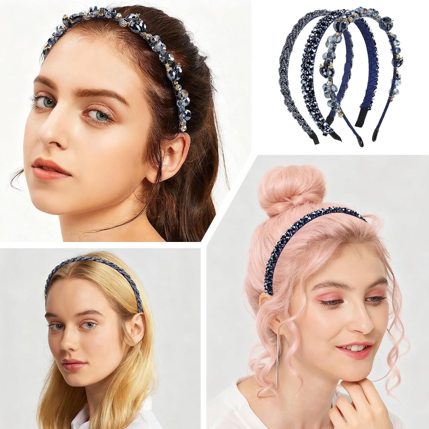 Set of 3 Rhinestone Headband Dirndl Women'S Crystal Headband 1.2/1.5/2 Cm Costume Hair Accessories for Oktoberfest Wedding Carnival Glitter Hair Band image number 6