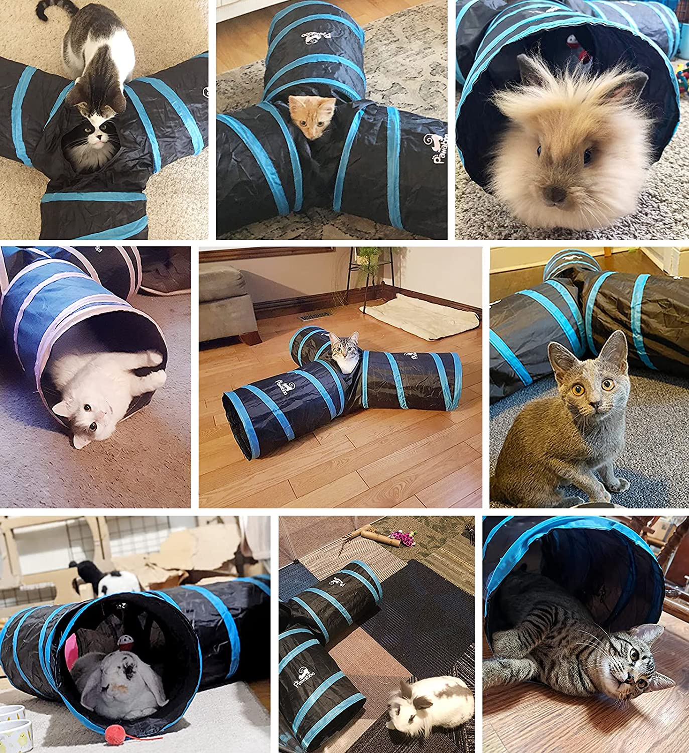 Pawaboo Cat Tunnel, Premium 3 Way Tunnels Extensible Collapsible Cat Play Tunnel Toy Maze Cat House with Pompon and Bells for Cat Puppy Kitten Rabbit, Black & Light Blue image number 5