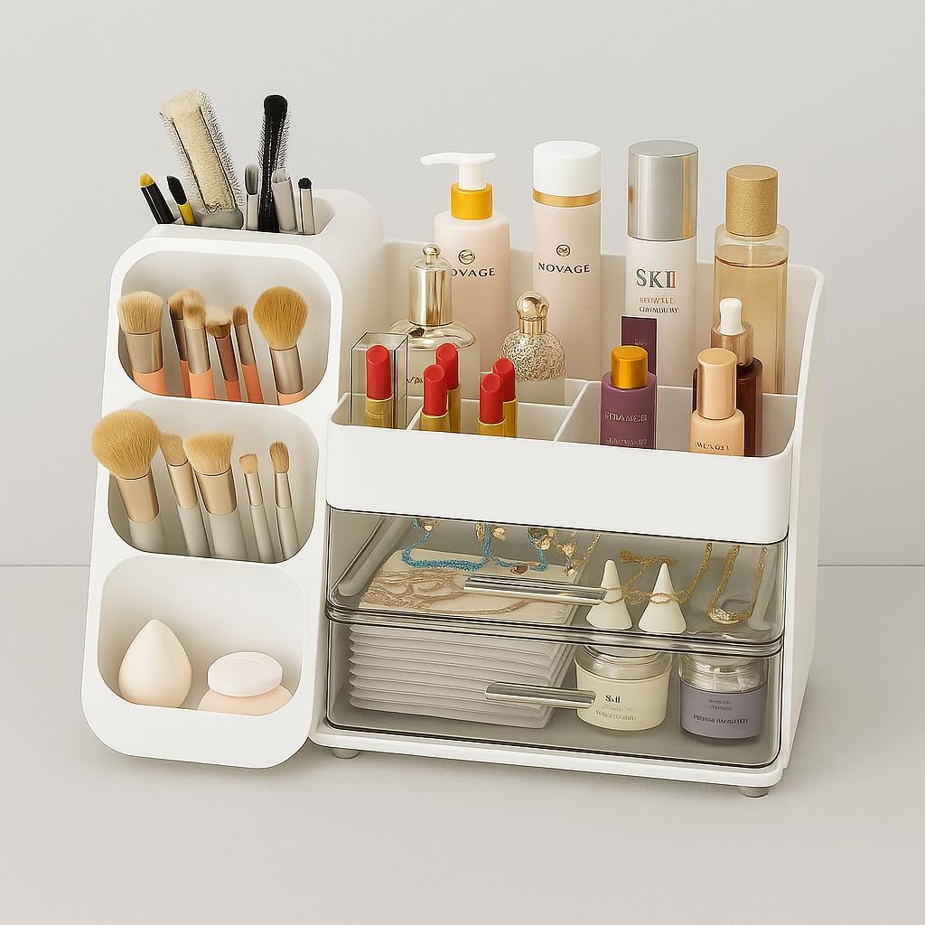 SYGELER Makeup Organizer with Drawers, Brush Holder, Bathroom Vanity, Storage and Organizing Box, White Skincare and Beauty Tool Storage Box image number 1