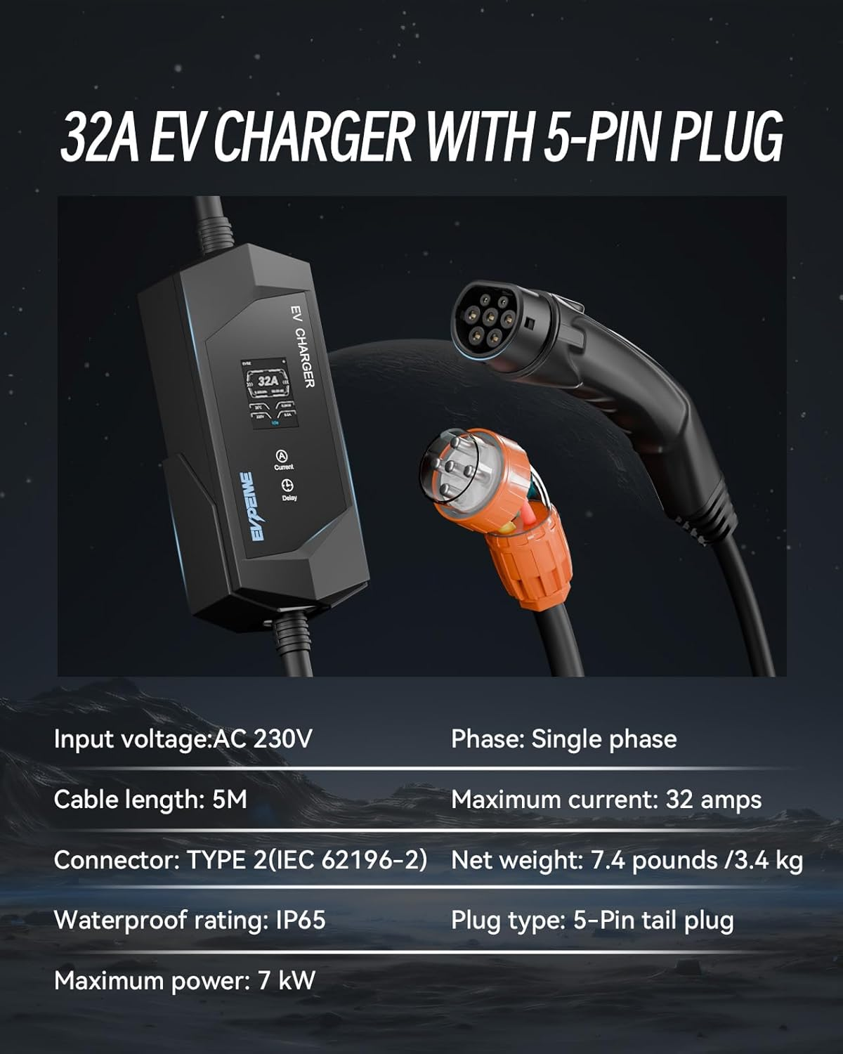 EVPEIWE Type 2 EV Charger 32A 7KW Portable Type 2 EV Charging Cable 5 Pin Single Phase EV Home Charger 6A-32A Adjustable Current Type 2 EV Charger for IEC 62196-2 Evs Model 3/Y BYD Atto3 MG, IP65 - Silver image number 5